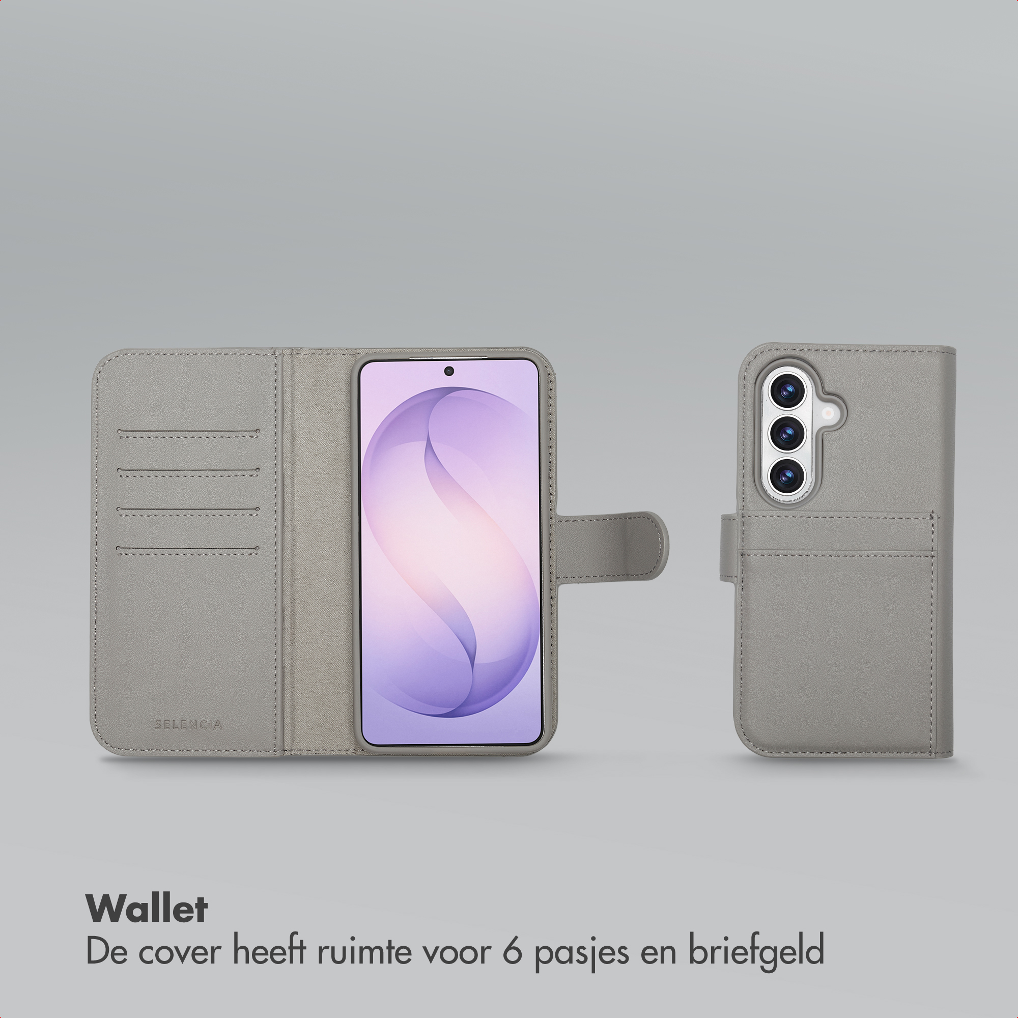 Grijze telefoonportemonnee met kaarthouders en gesloten klep.