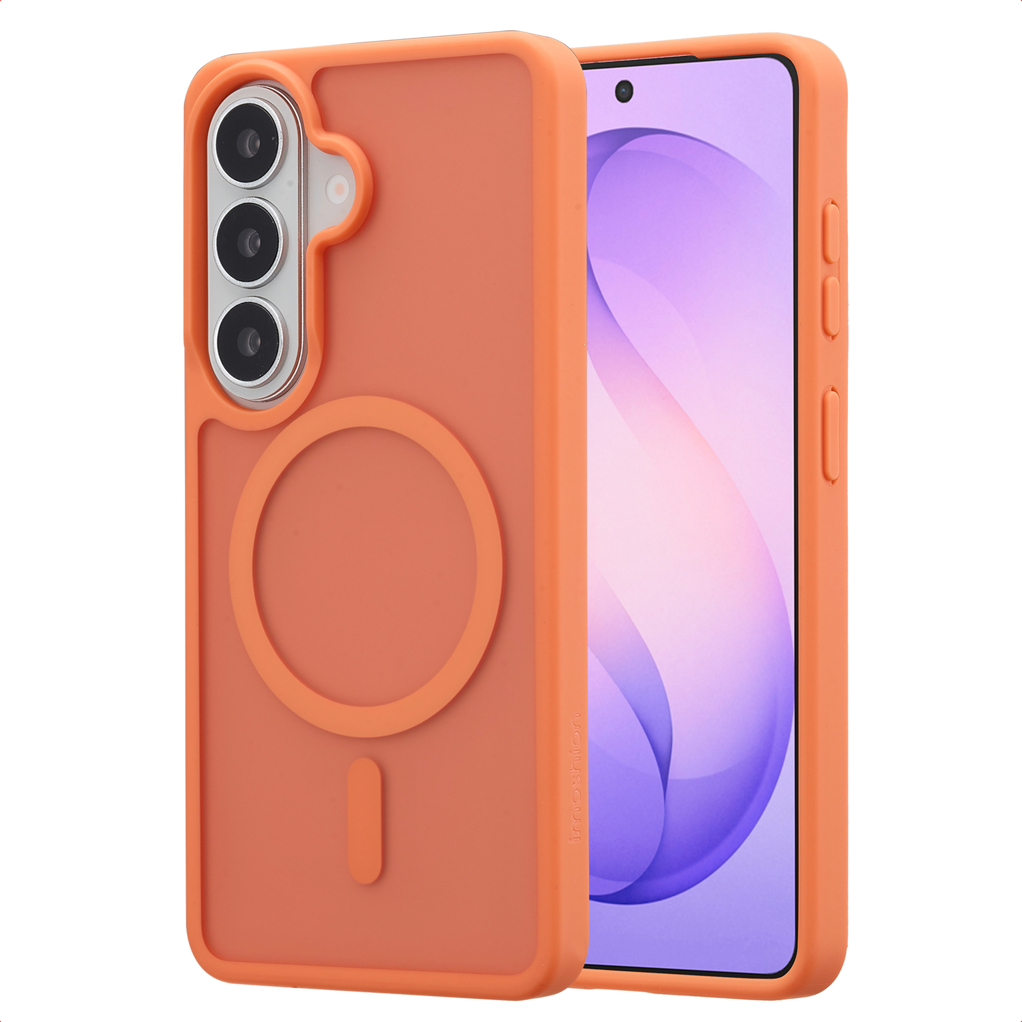 Oranje telefoonhoes met cameralenzen en magneetring. Telefoon met paarse achtergrond.