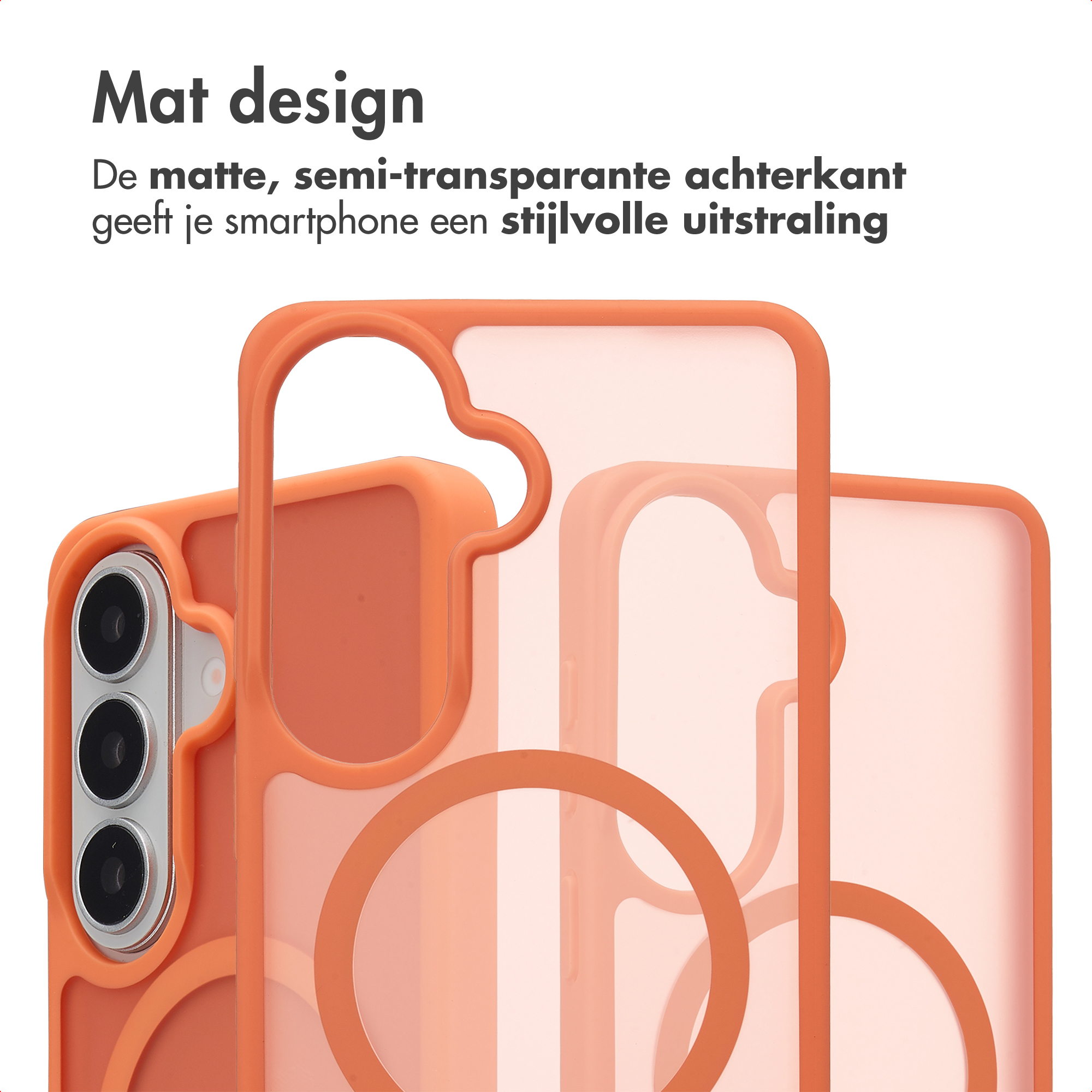 Oranje telefoonhoes met mat, semi-transparant achterkant en camerarand.