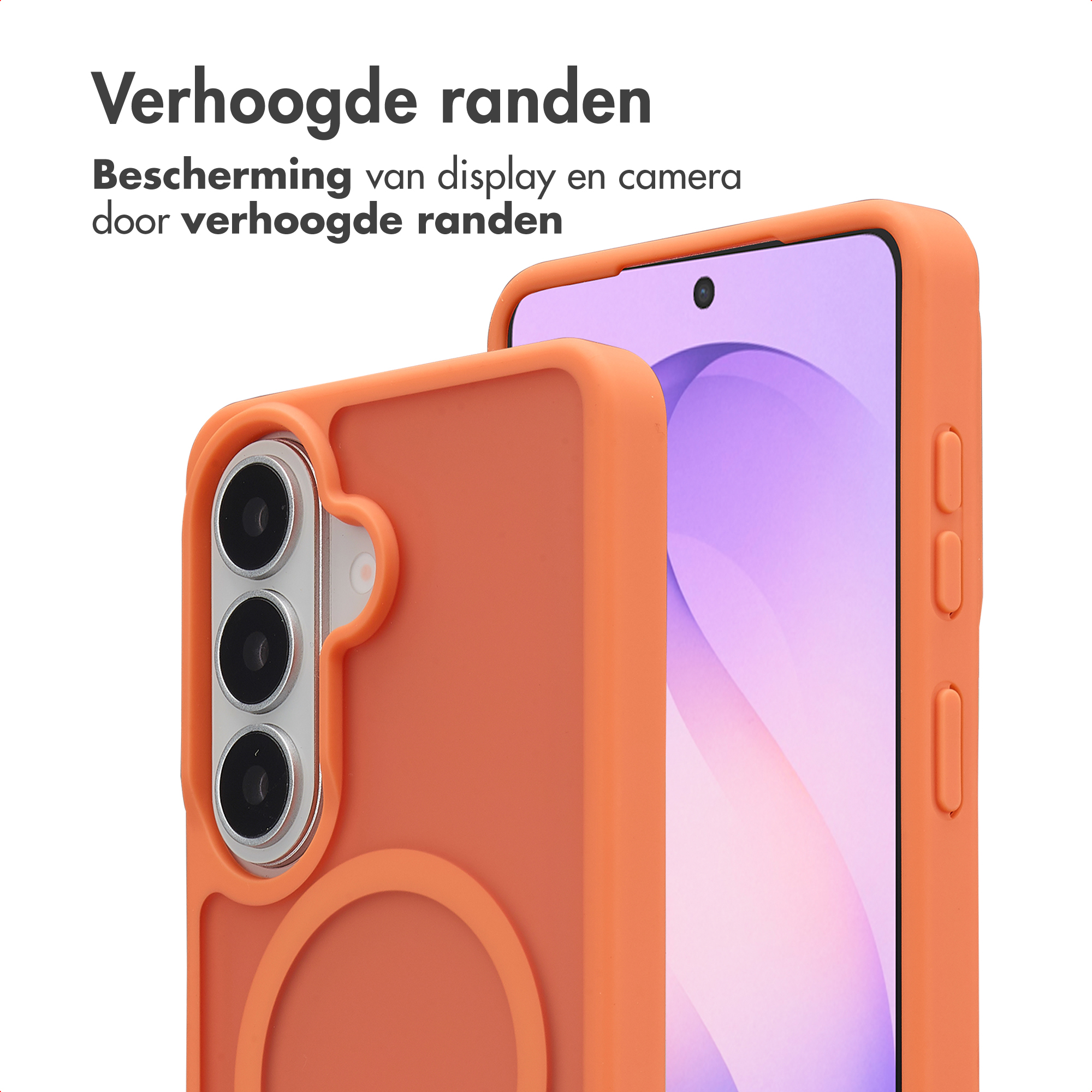 Oranje telefoonhoes met verhoogde randen beschermt scherm en camera's.
