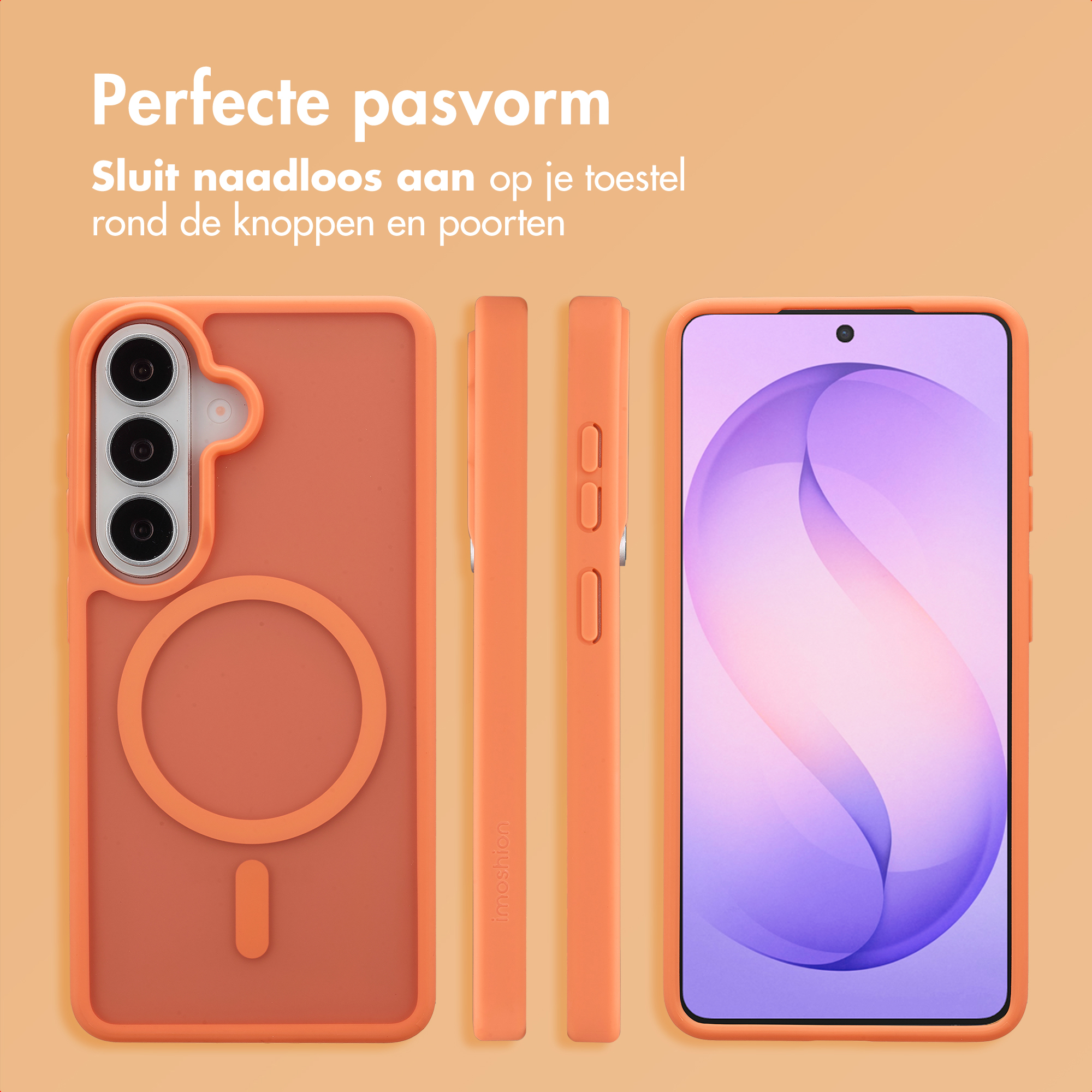 Oranje telefoonhoes met magneetring en bijpassende telefoon.