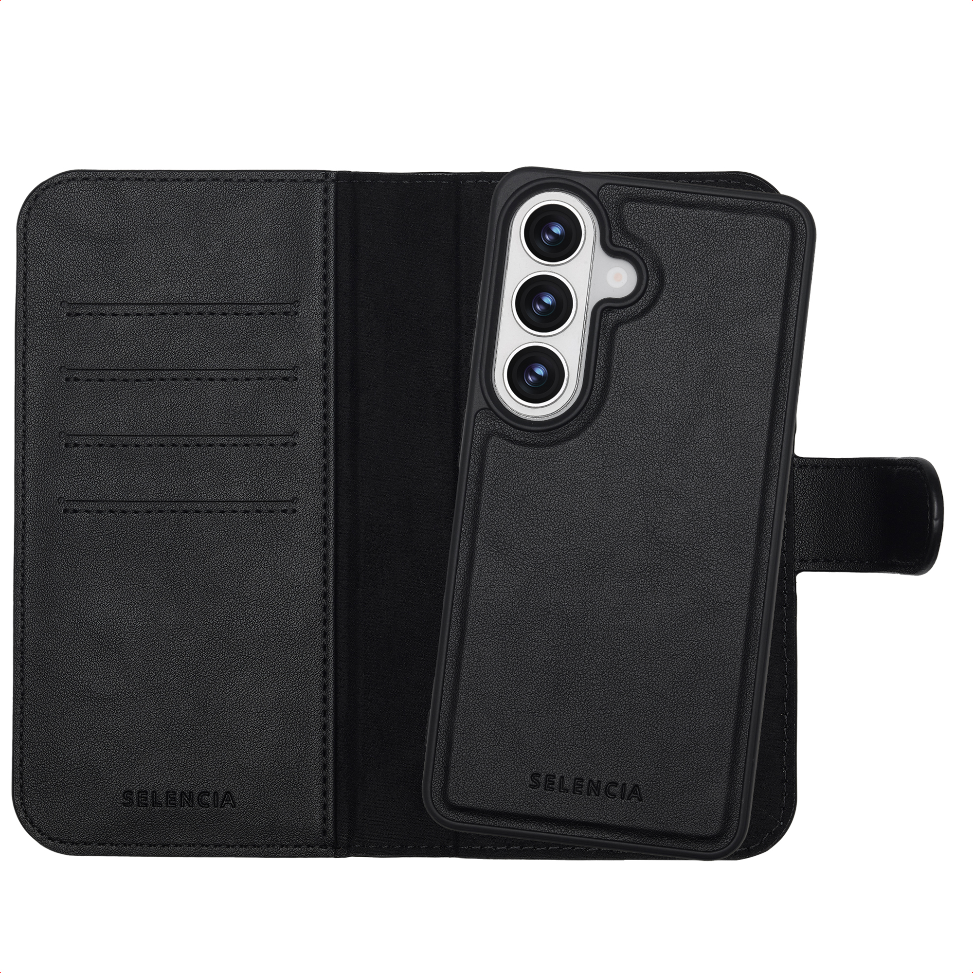 Zwarte lederen portemonfeehoes voor smartphone met drie camera's.