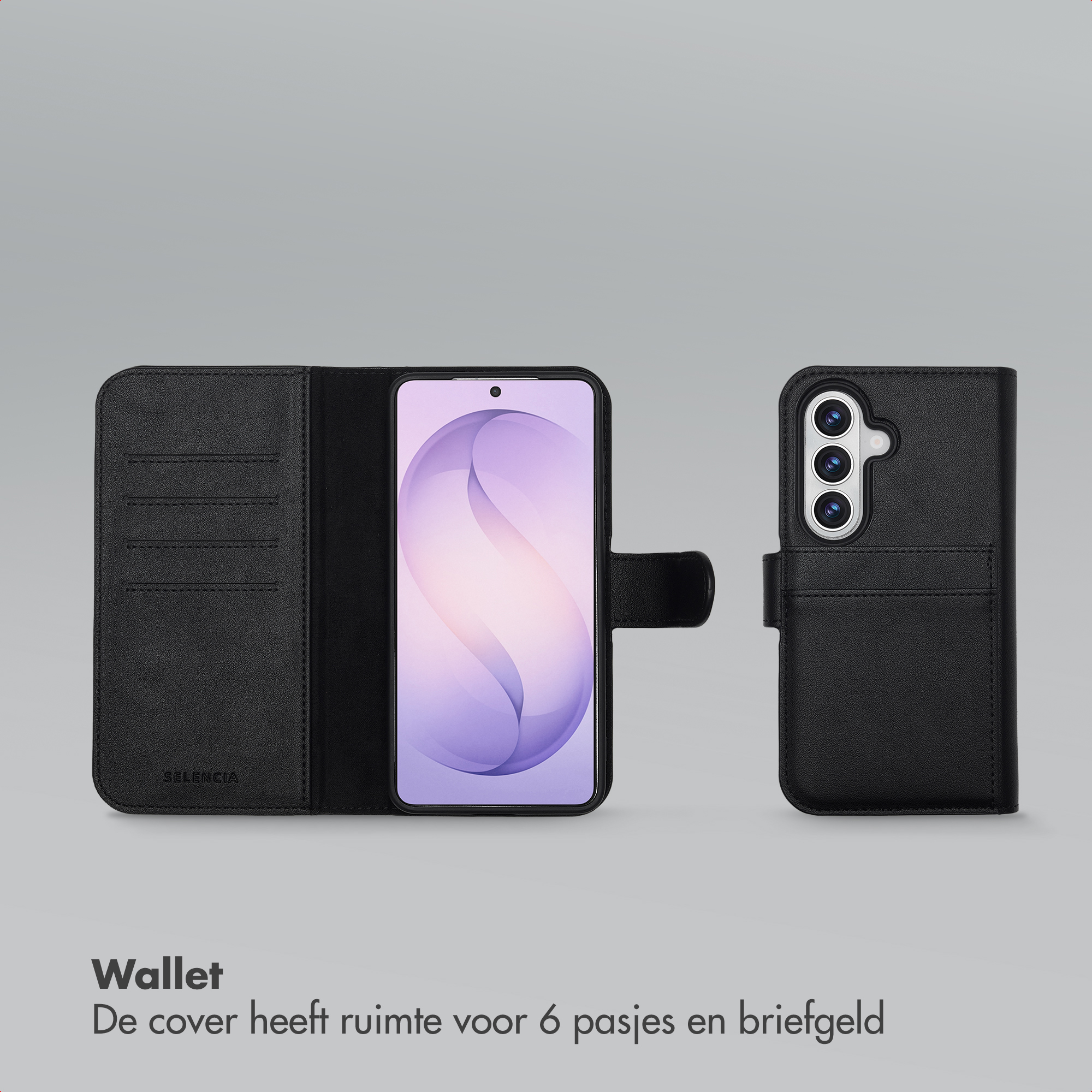 Zwarte leren portemonnee telefoonhoes met drie kaartsleuven links en een camera rechts.
