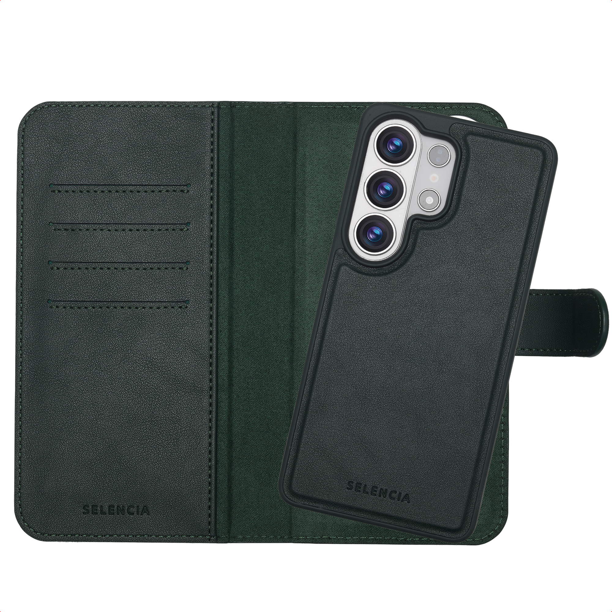Étui de téléphone vert foncé et portefeuille assorti avec fentes.