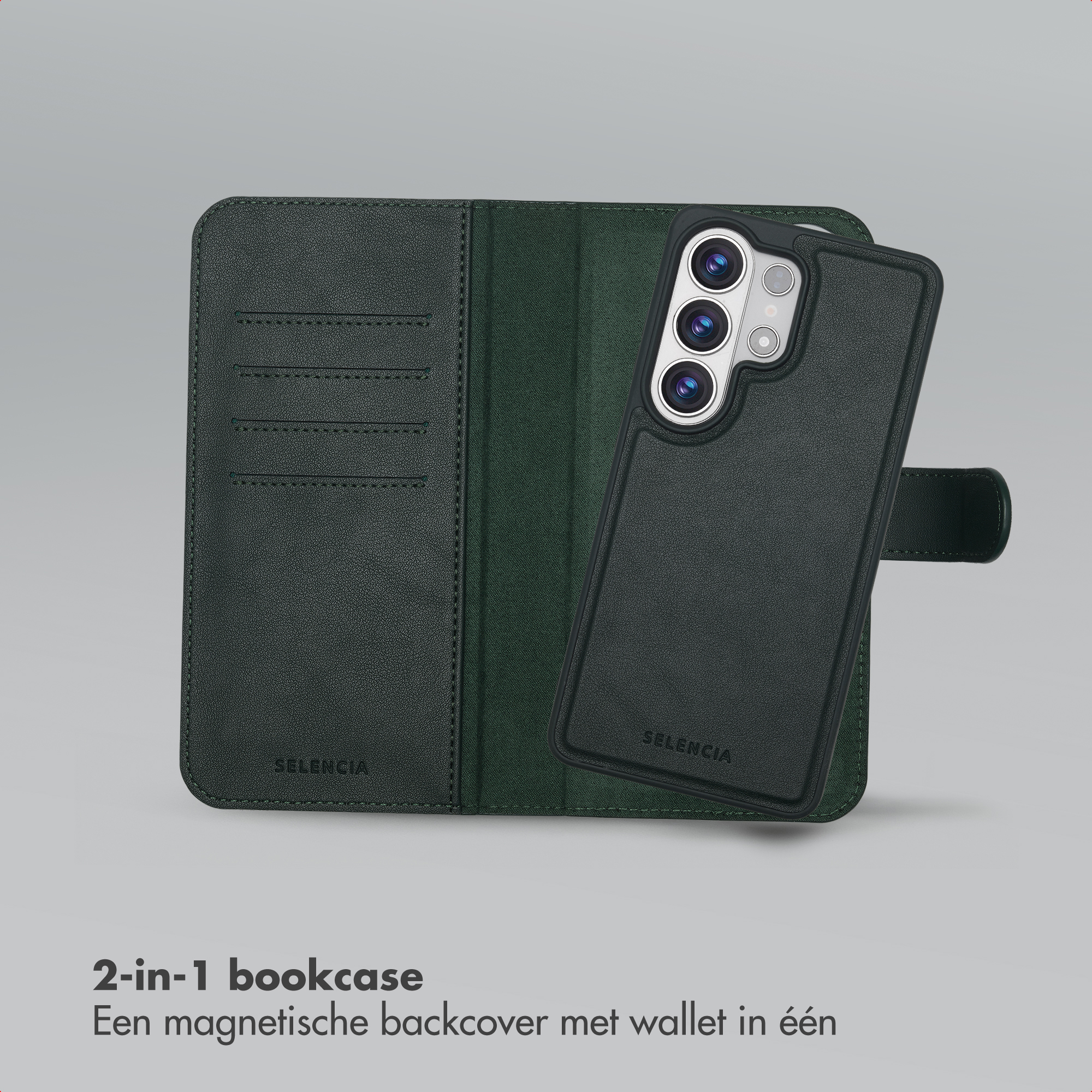 Étui de téléphone vert foncé style livre avec emplacements pour cartes et dos détachable.