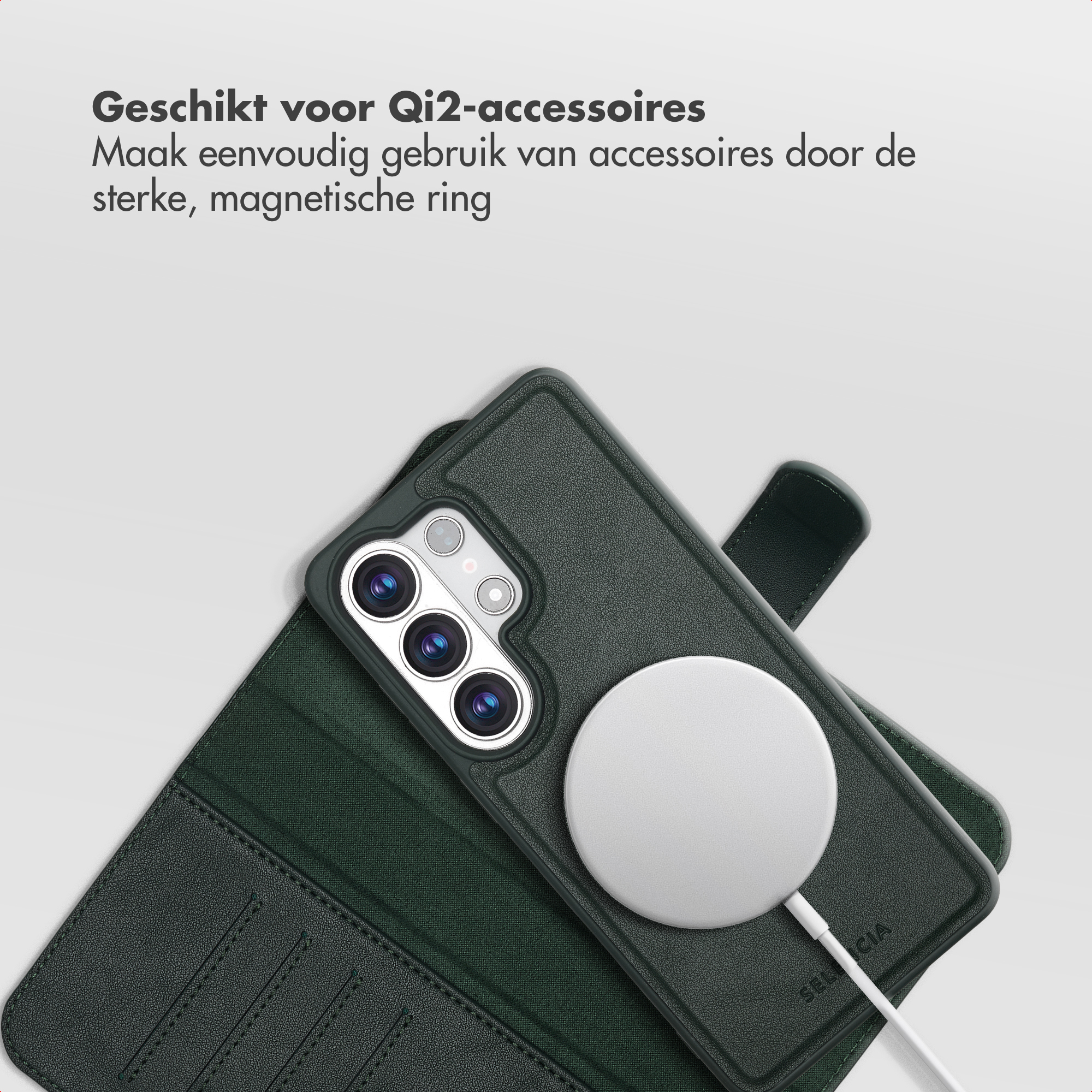 Étui de téléphone vert foncé avec anneau magnétique puissant et lentilles.