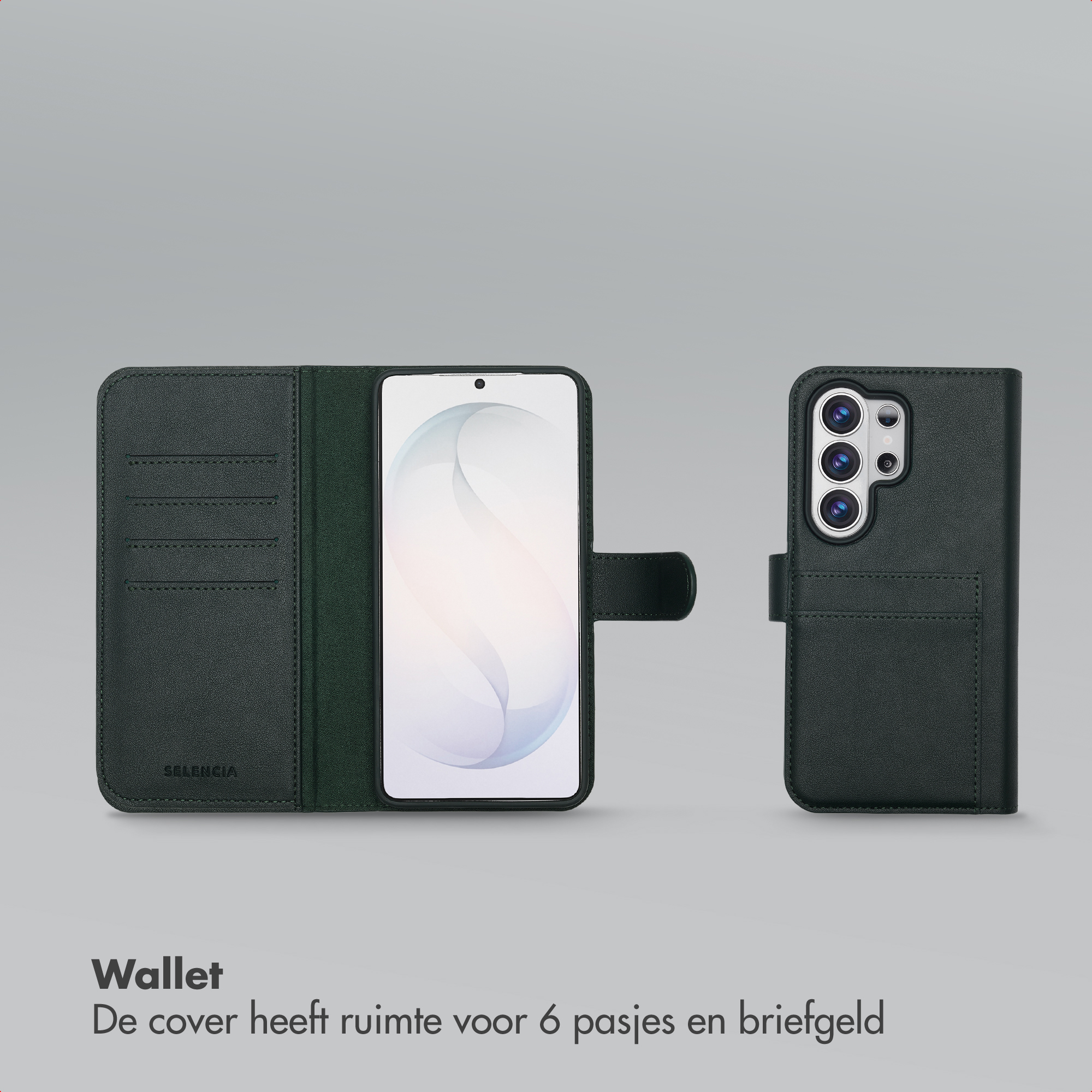 Étui portefeuille en cuir vert foncé, ouvert et fermé, avec fentes pour cartes.