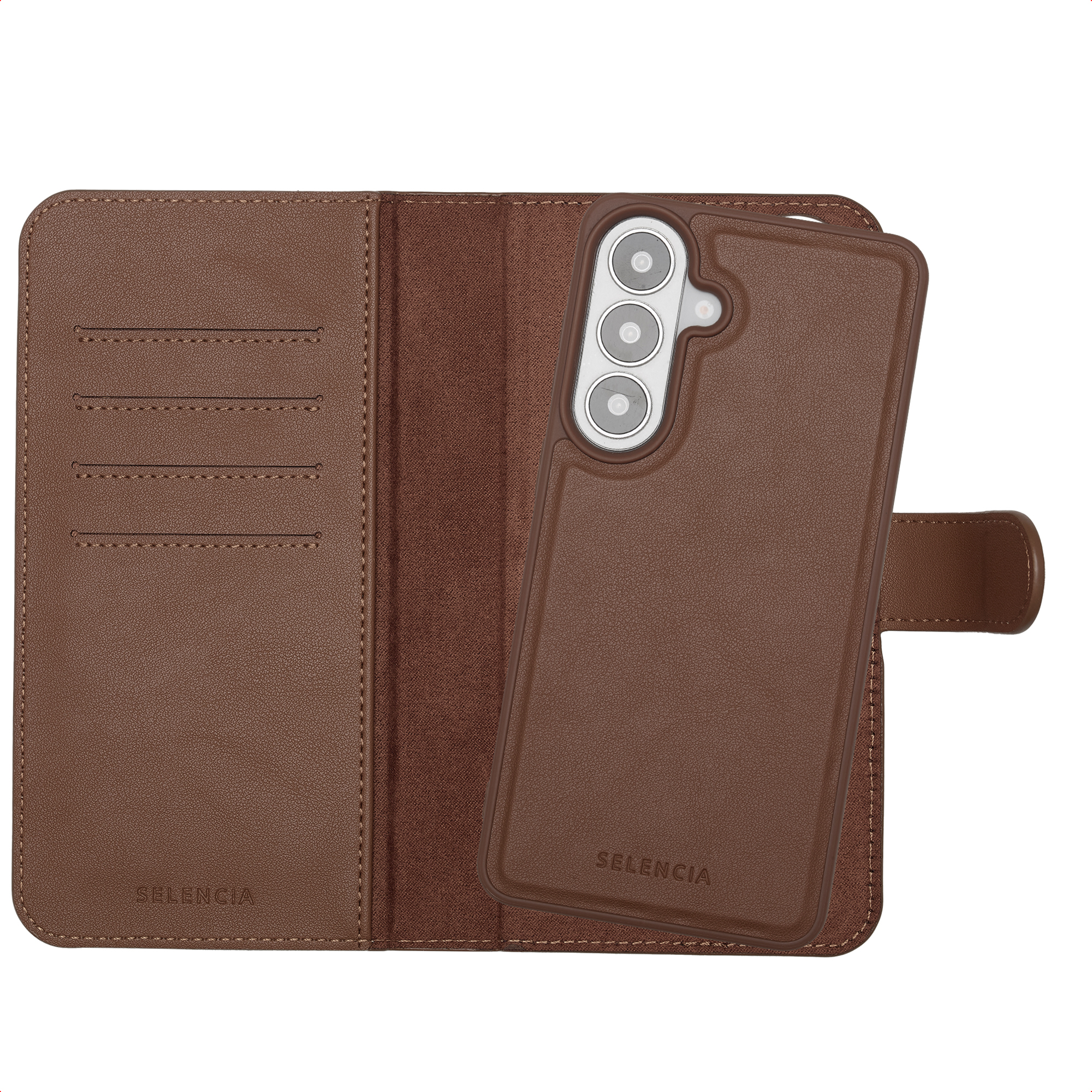 Étui de téléphone en cuir marron ouvert, avec trois fentes pour cartes et un support pour téléphone.