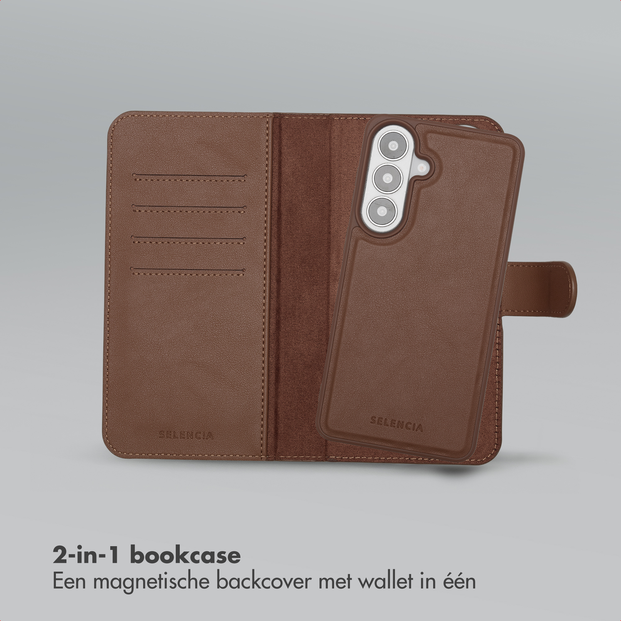 Étui marron en cuir style portefeuille avec fentes pour cartes.