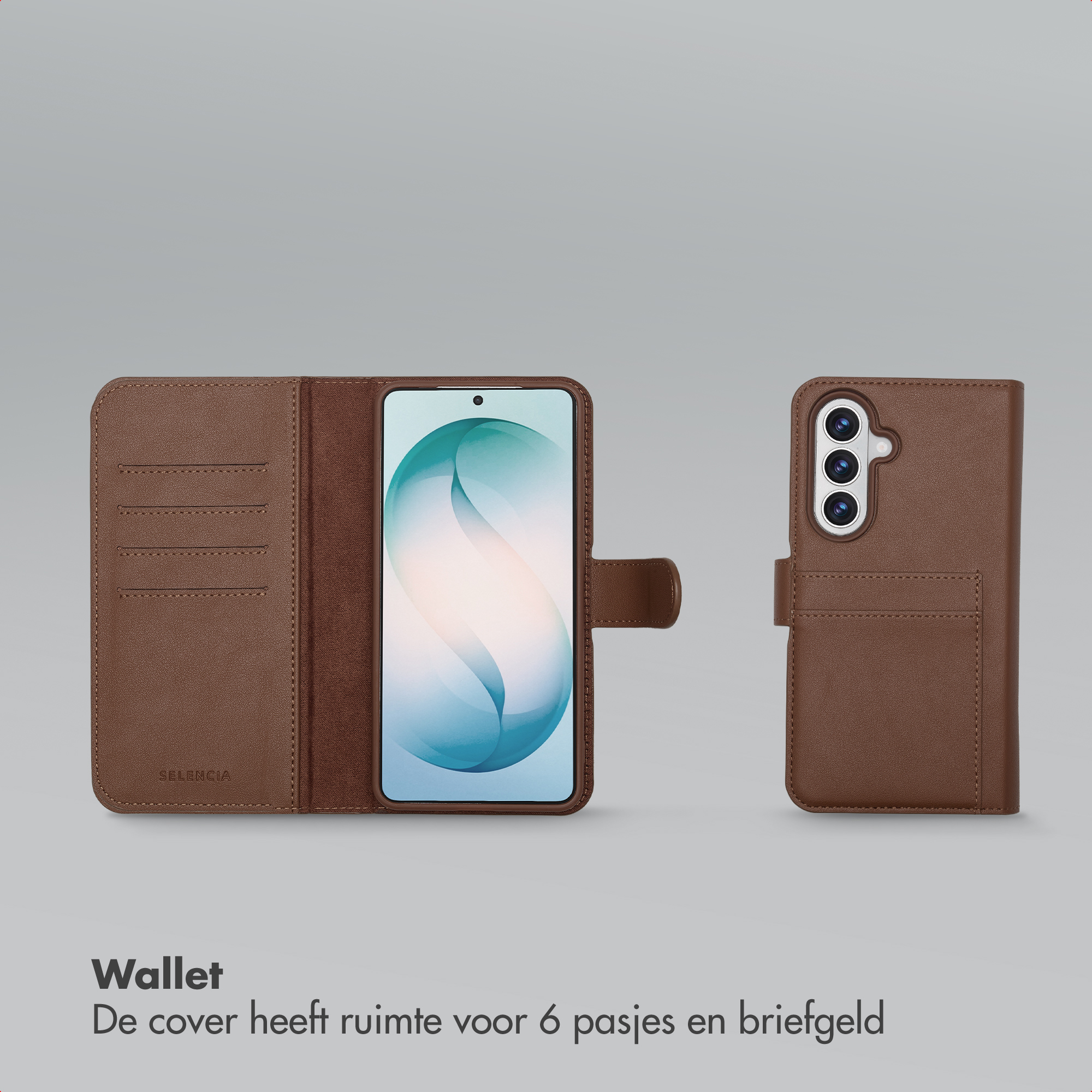 Étui portefeuille marron pour téléphone avec fentes pour cartes. Vue fermée.