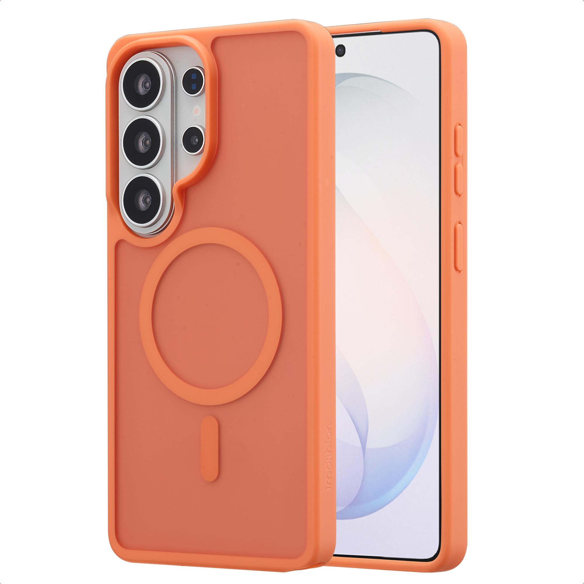 Oranje telefoonhoes met MagSafe-ring op de achterkant en cameralens.