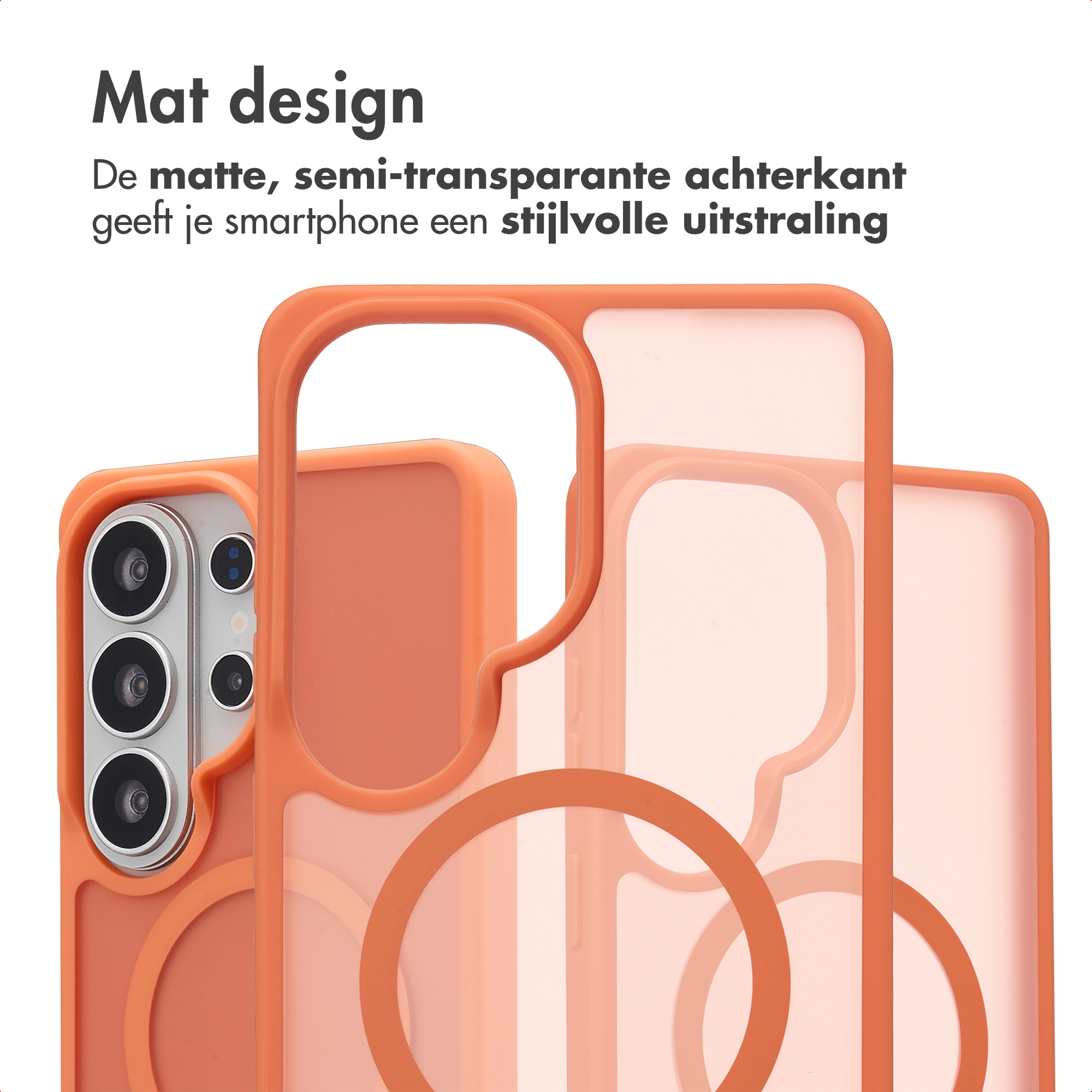 Oranje telefoonhoes met mat design en cameralenzen.