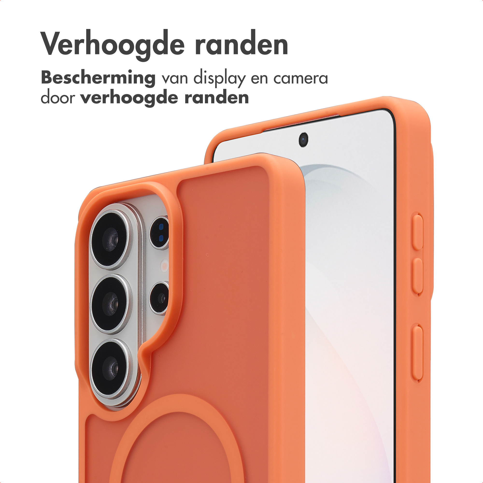 Oranje telefoonhoes met verhoogde randen beschermt scherm en camera's.