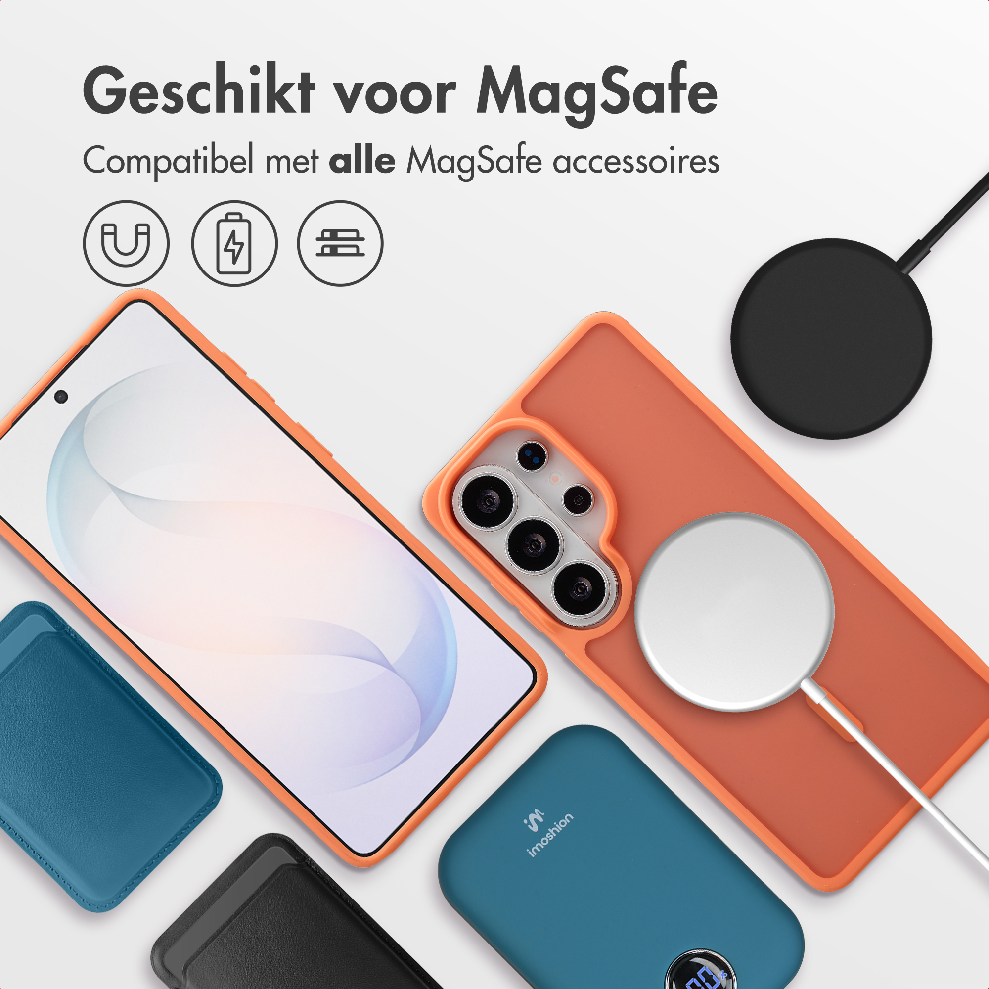 Een smartphone met MagSafe-accessoires: hoesje, oplaadkabel, powerbank.