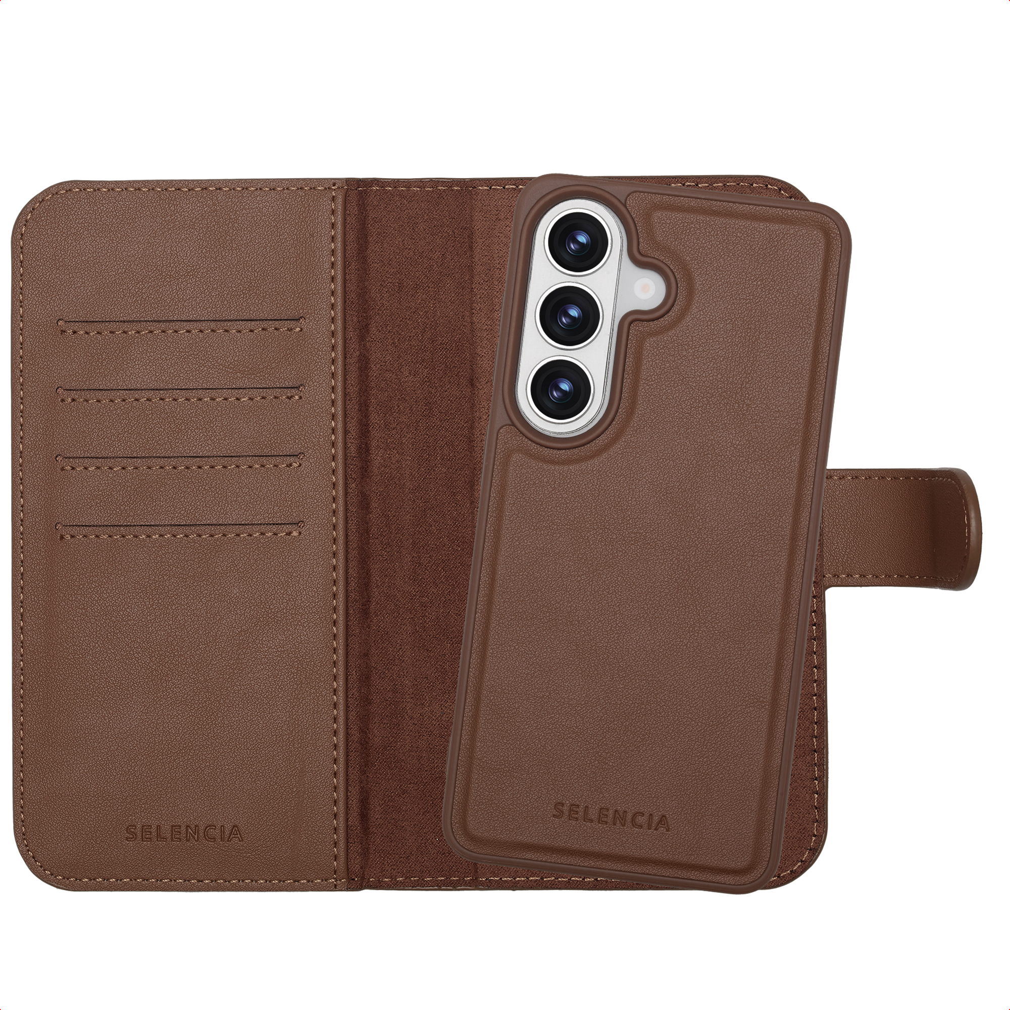 Étui de téléphone en cuir marron avec fentes pour cartes et téléphone ouvert.