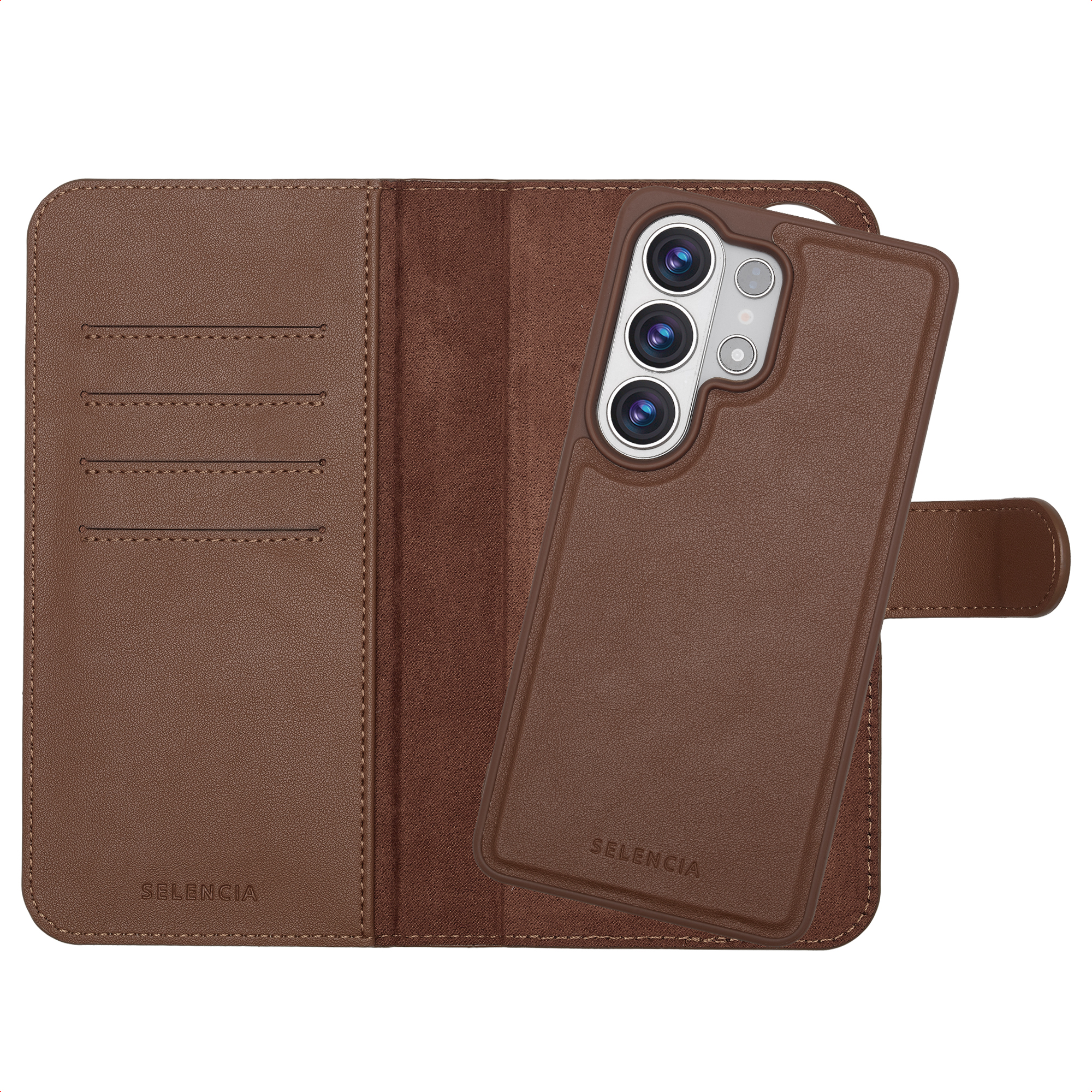Étui de téléphone en cuir marron avec trois fentes pour cartes et rabat.