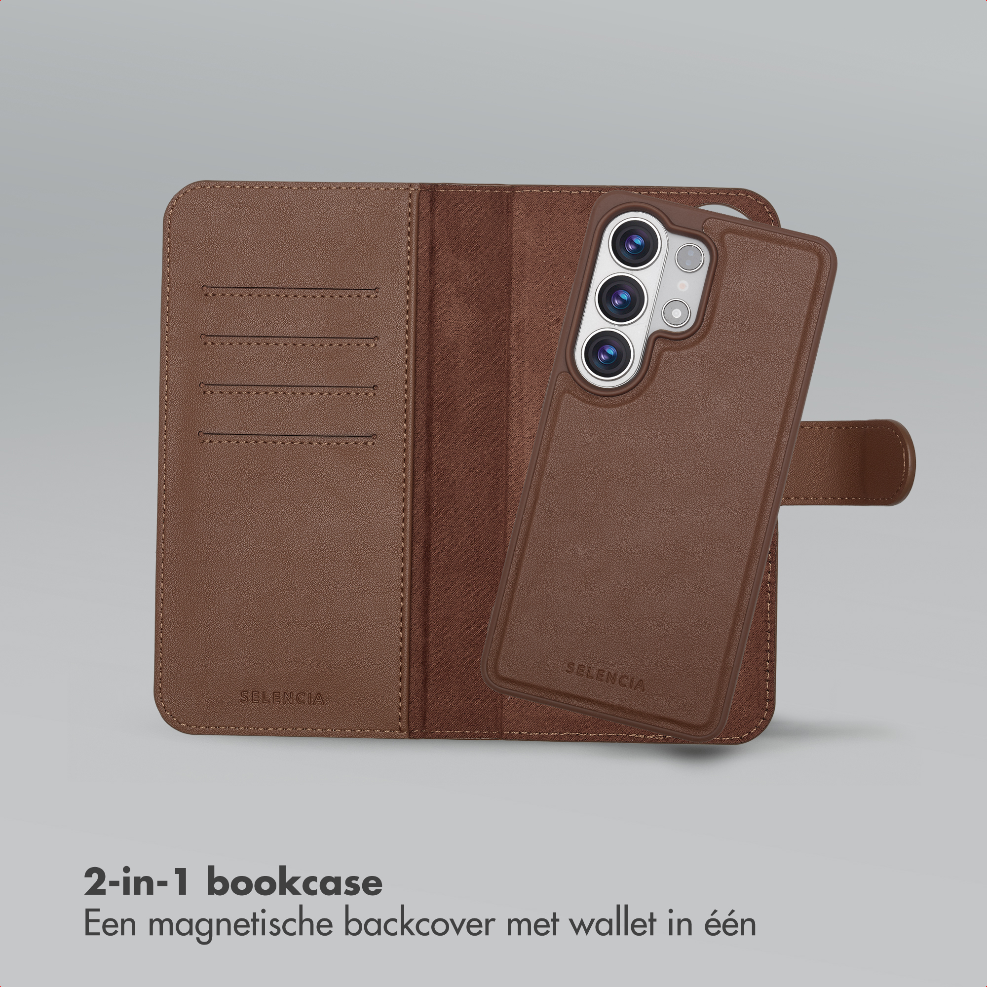Étui livre en cuir marron avec coque de téléphone et fentes.
