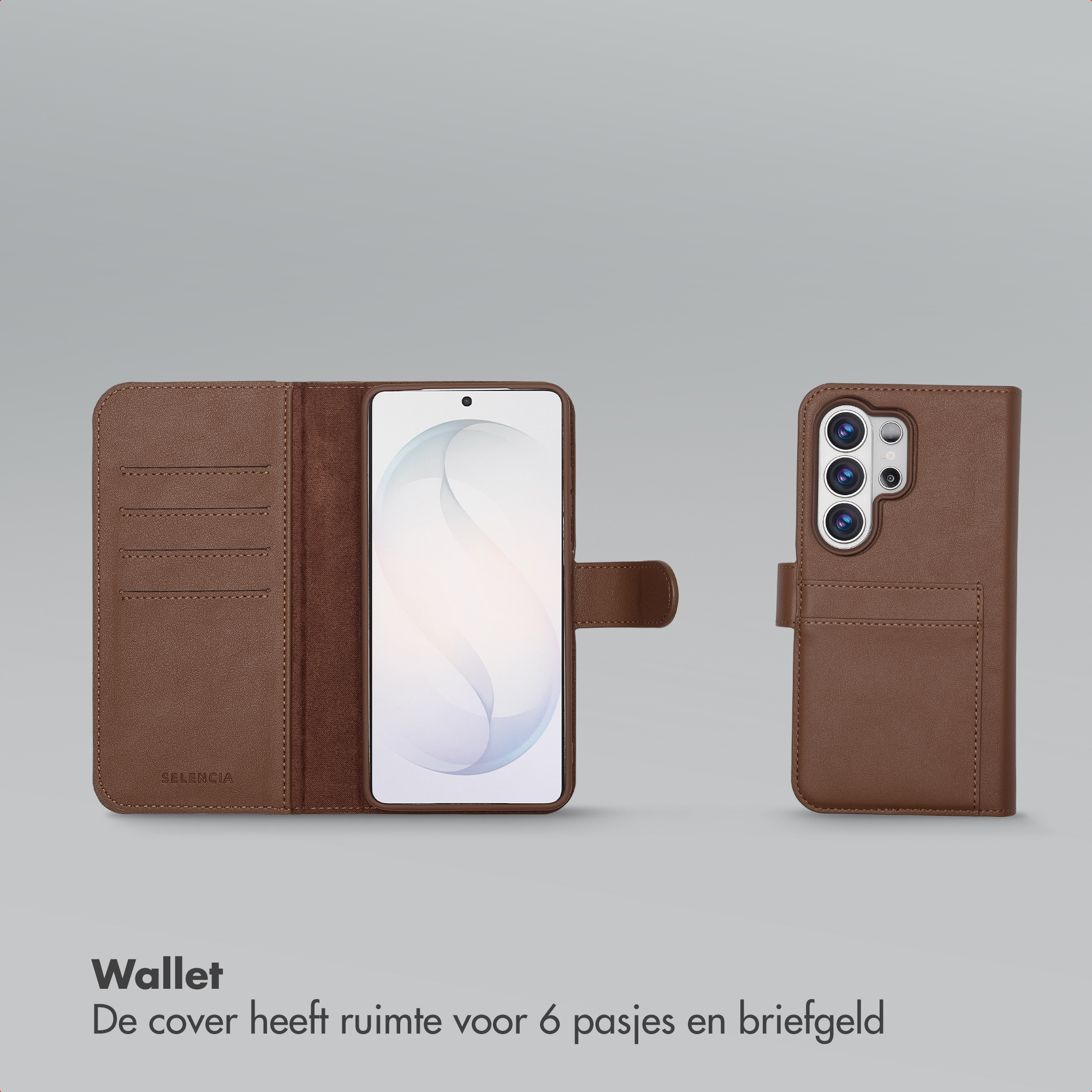 Étui portefeuille en cuir marron, vues ouverte et fermée, avec fentes pour cartes.