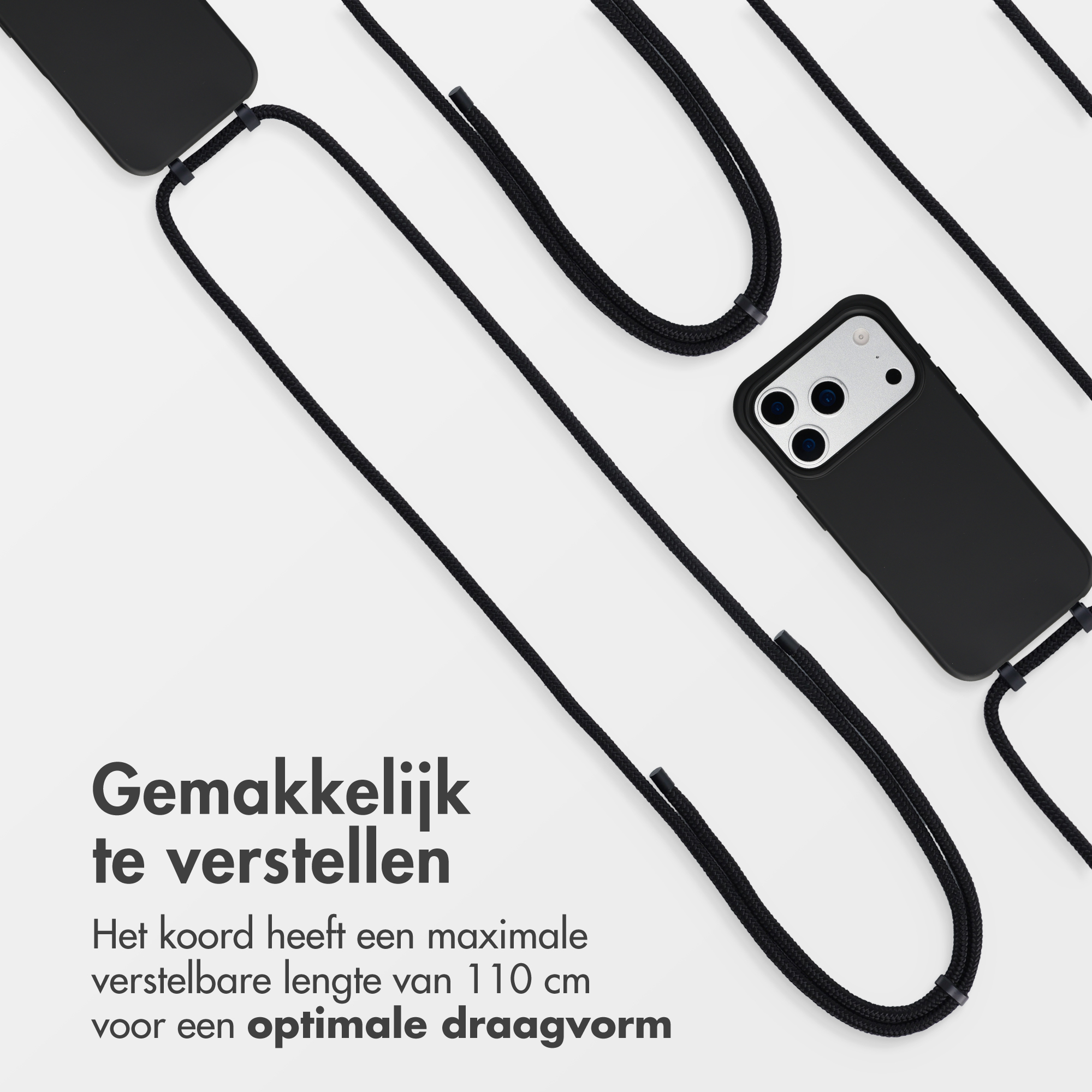 iPhone noir avec cordon noir, longueur réglable de 110 cm.