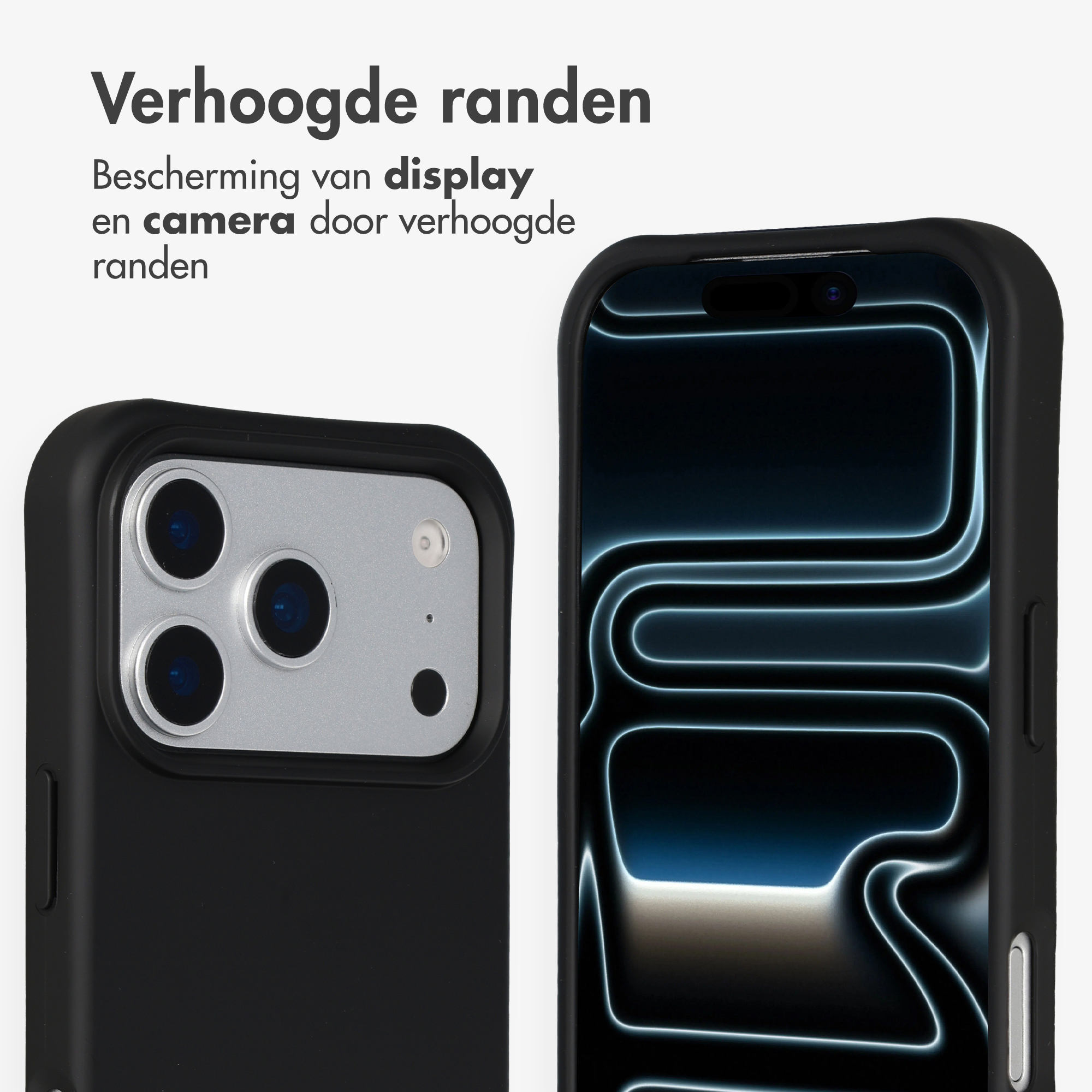 Coque de téléphone noire montrant le module caméra et l'écran avec des lignes bleues.