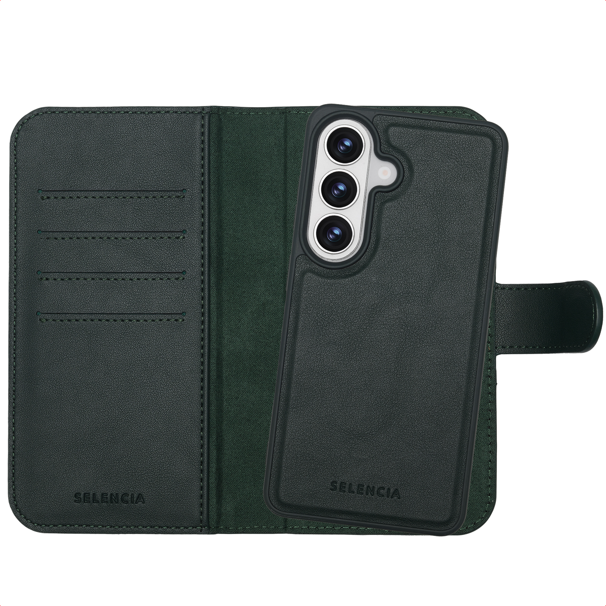Étui de téléphone en cuir vert foncé avec fentes pour cartes et support.