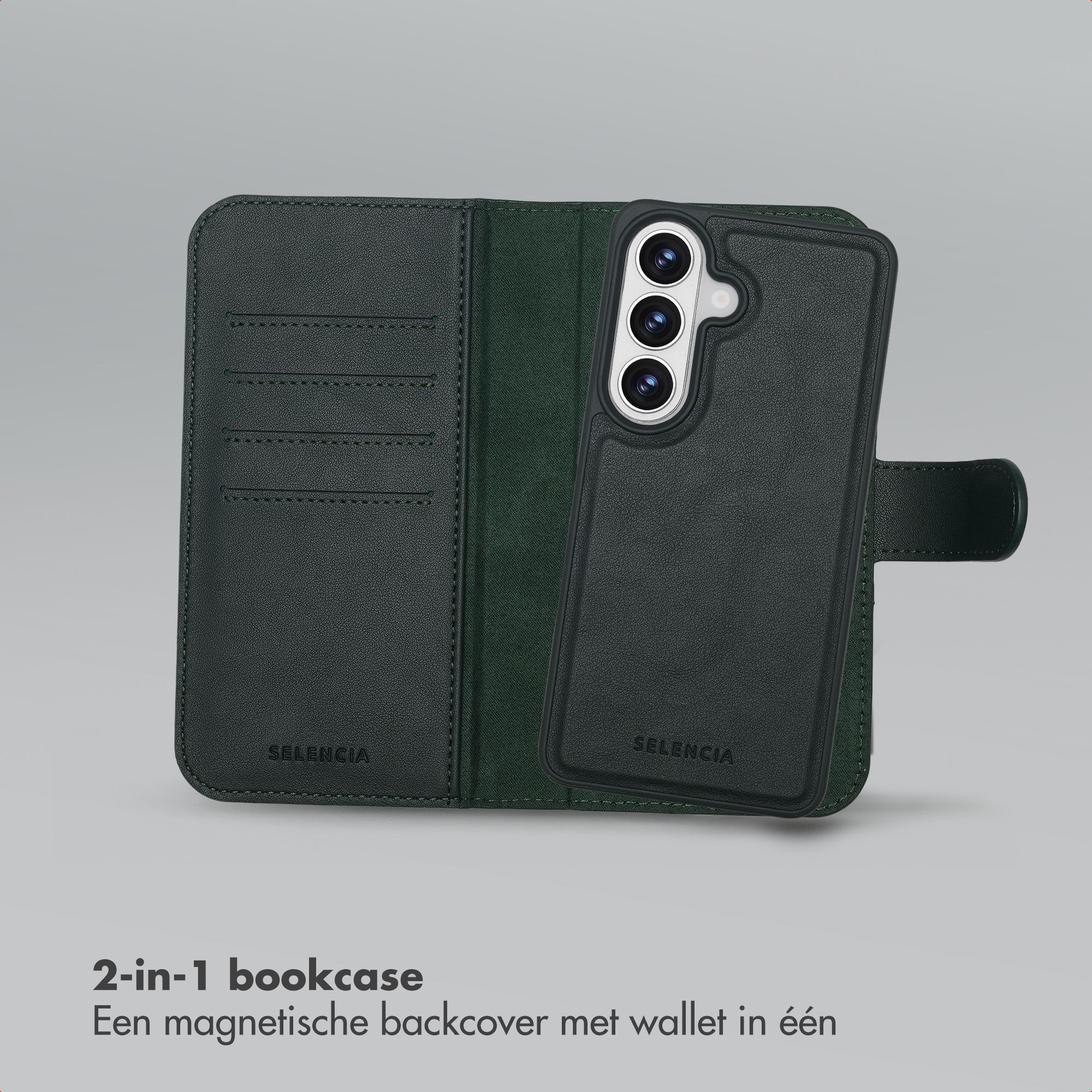 Étui de téléphone vert foncé style portefeuille avec trois objectifs.