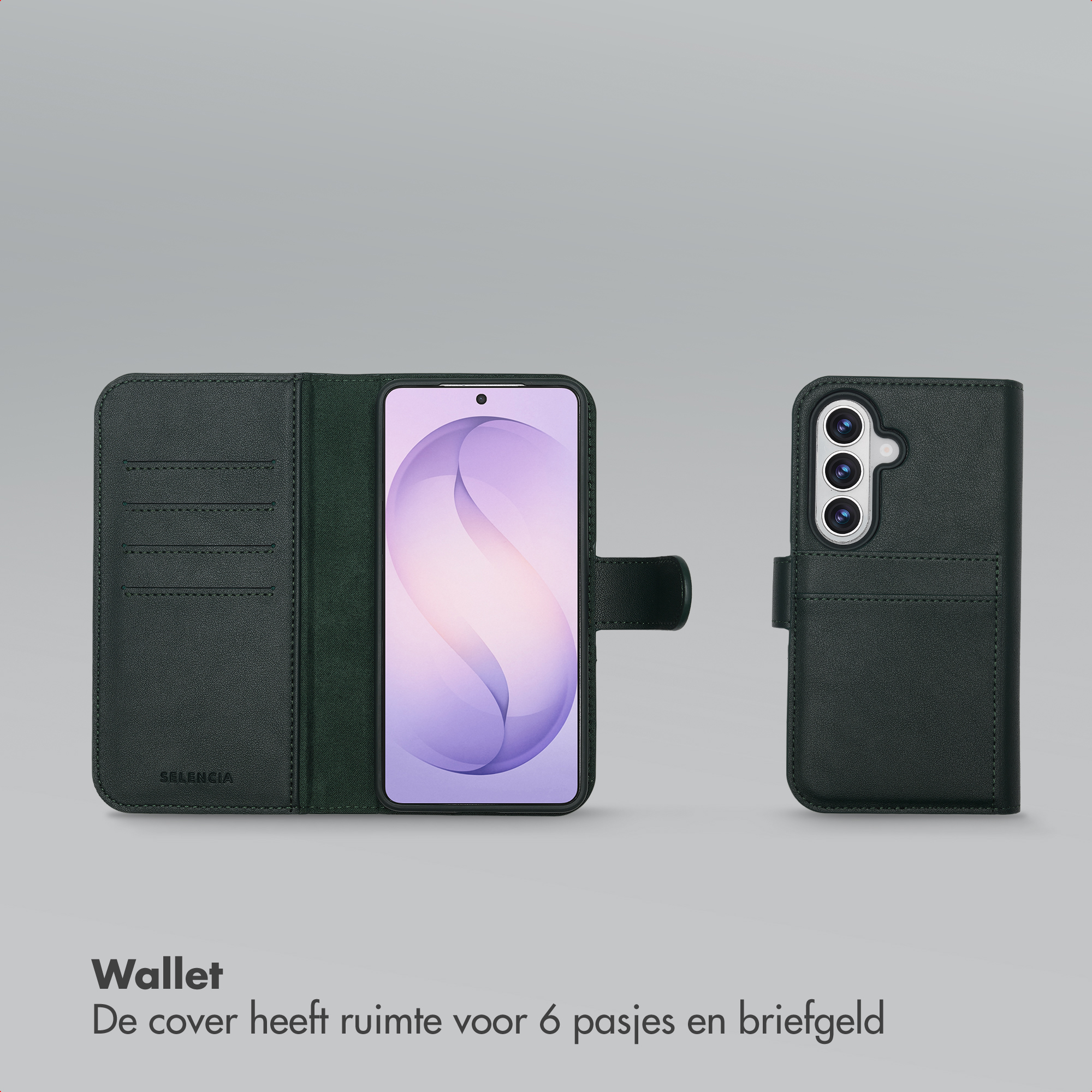 Étui portefeuille vert foncé pour téléphone avec plusieurs fentes pour cartes.