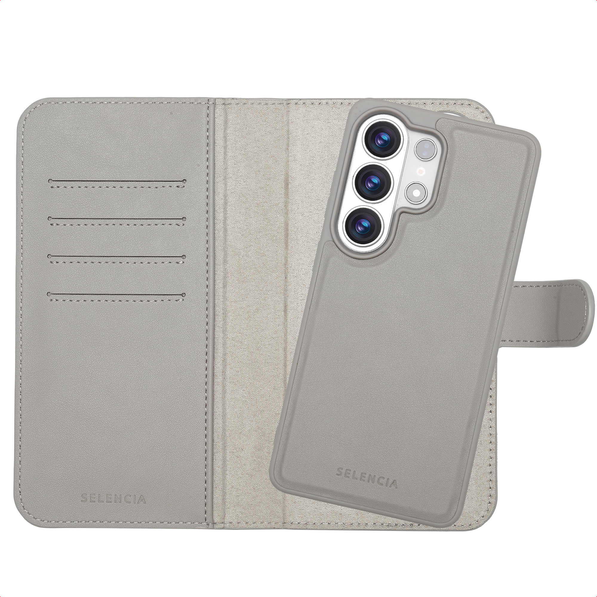 Étui de téléphone gris avec trois objectifs et fentes pour cartes.