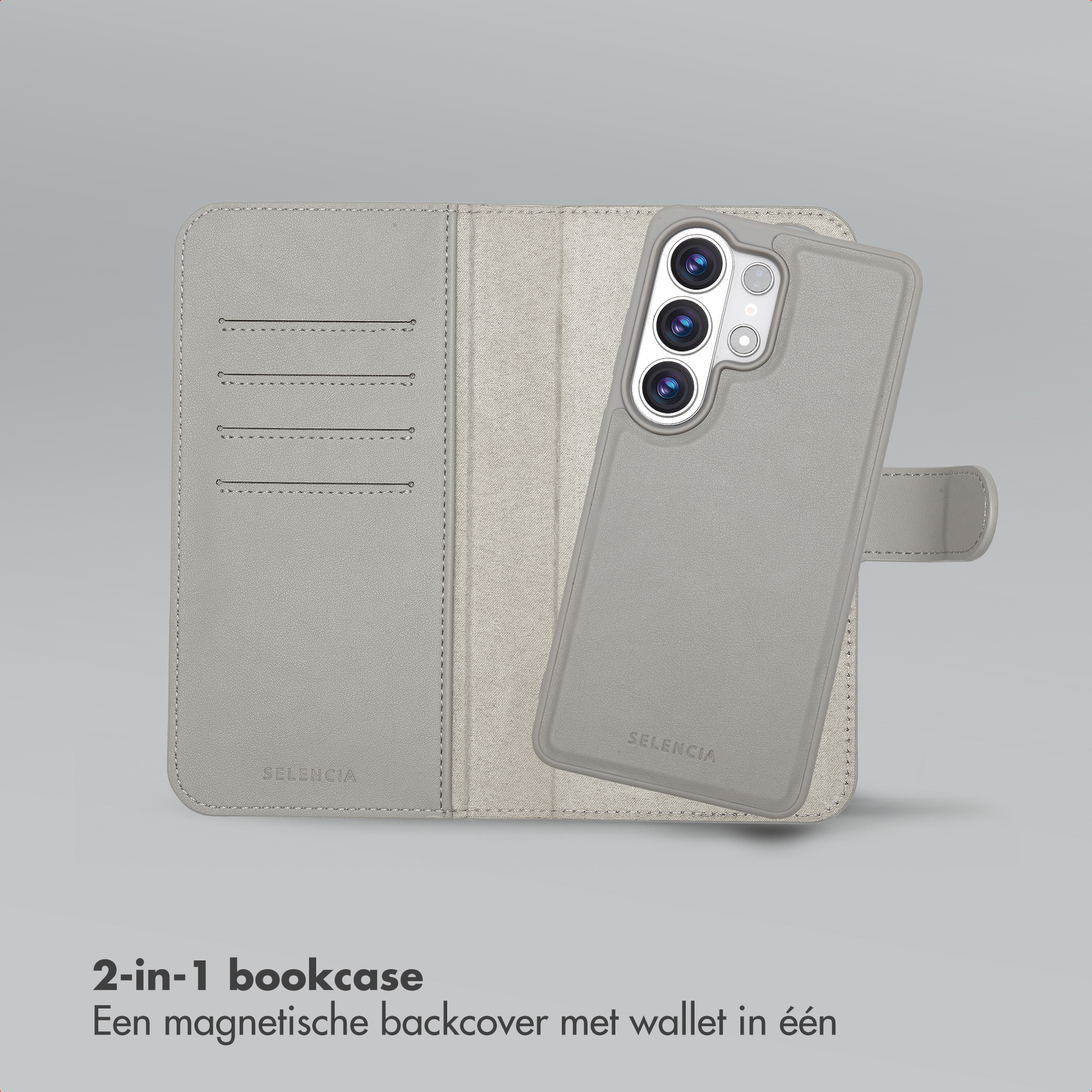 Étui de téléphone gris style portefeuille avec fentes pour cartes et dos amovible.