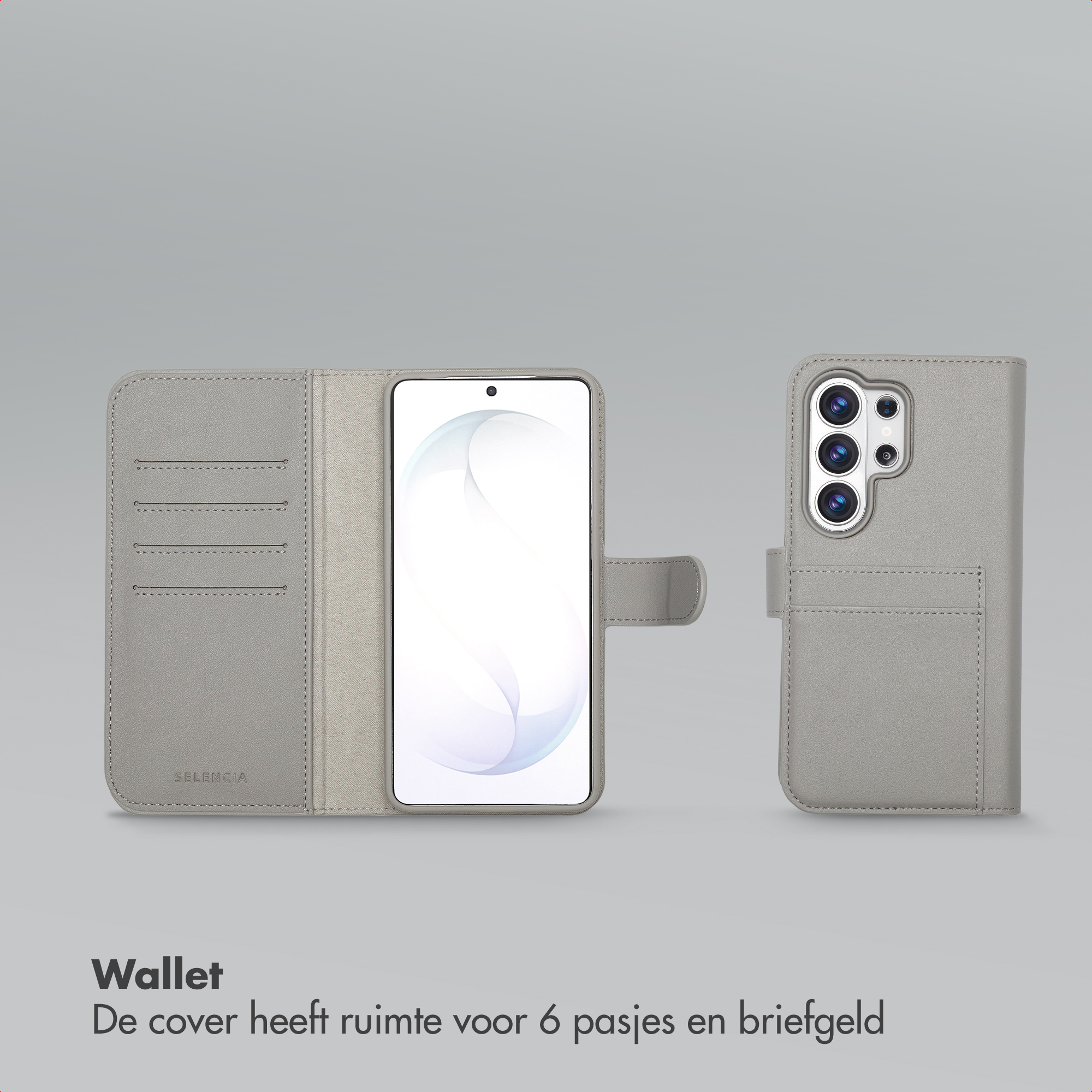 Étui portefeuille gris pour téléphone avec fentes pour cartes et téléphone.