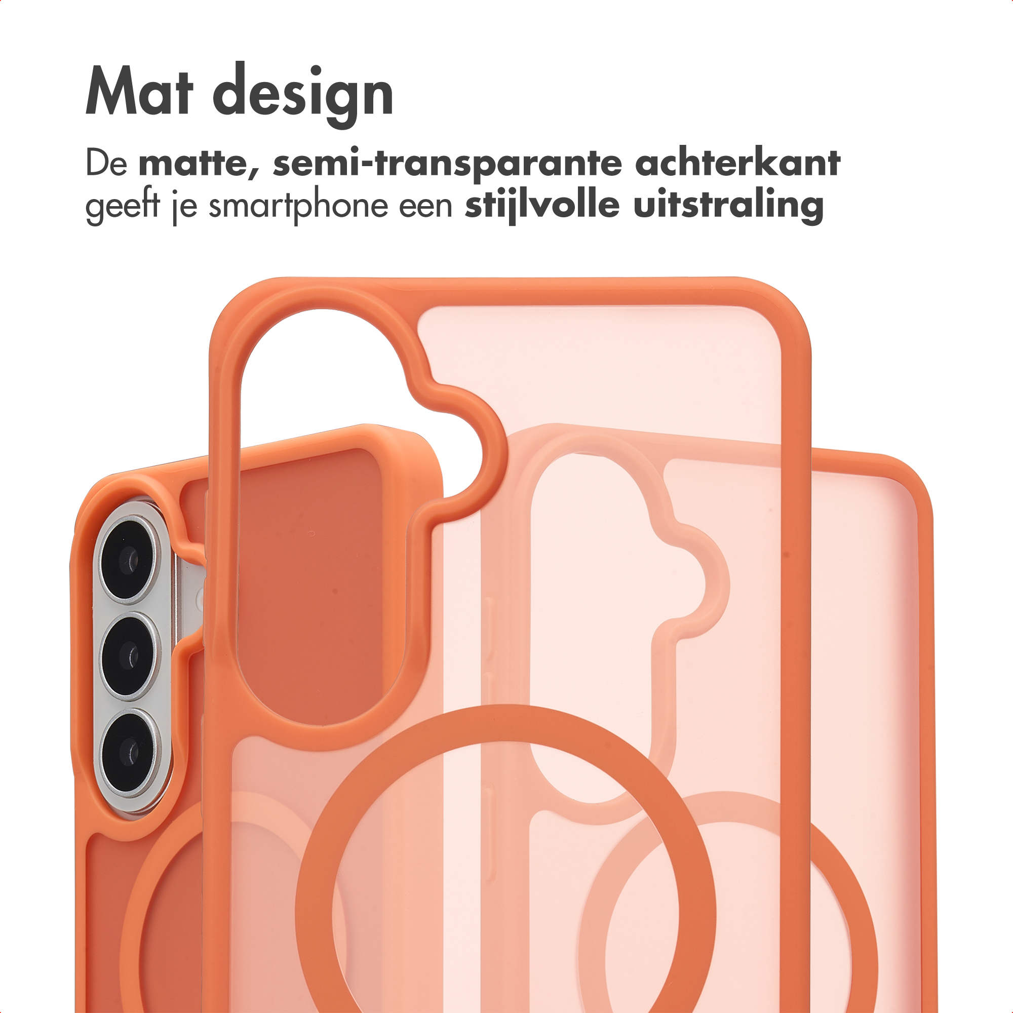 Custodia per telefono arancione con design opaco e semitrasparente e ritaglio.