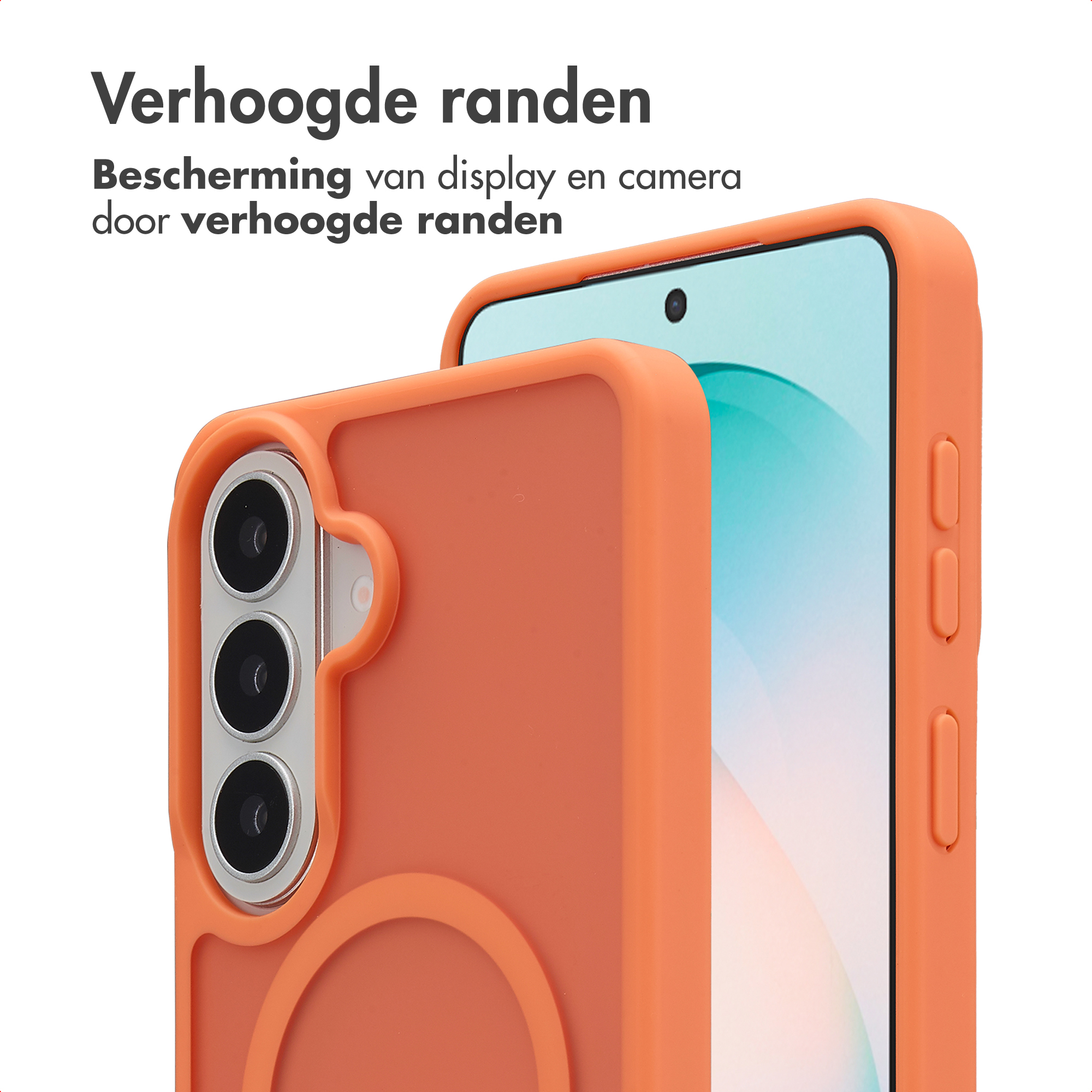 Custodia arancione con bordi rialzati che proteggono fotocamera e schermo.