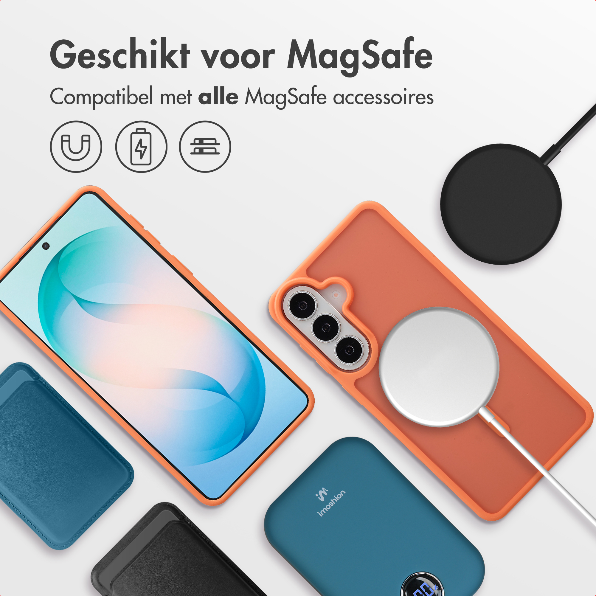 Custodia arancione con caricatore MagSafe, telefono, portafoglio blu e nero.