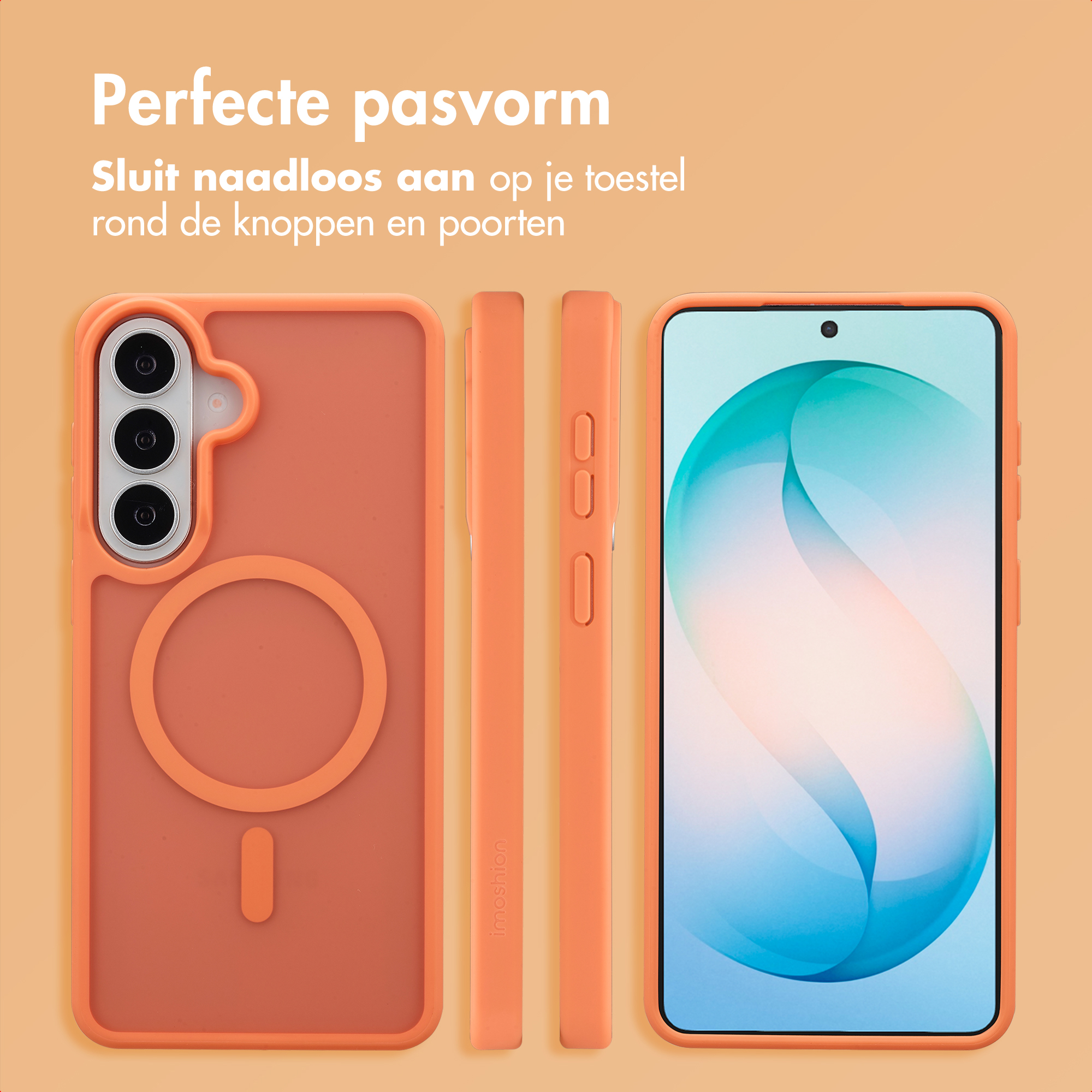 Custodia arancione per telefono con ritaglio fotocamera e anello magnetico.