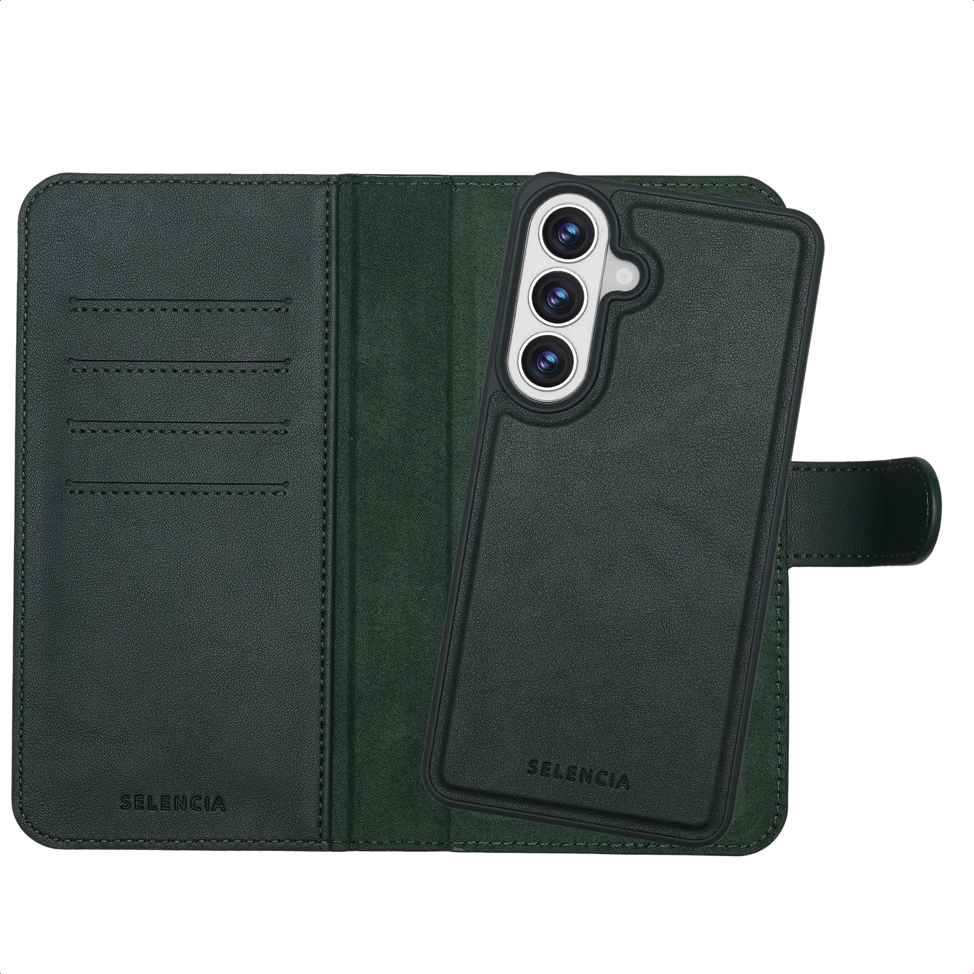 Étui de téléphone vert foncé avec fentes pour cartes et ouverture caméra.