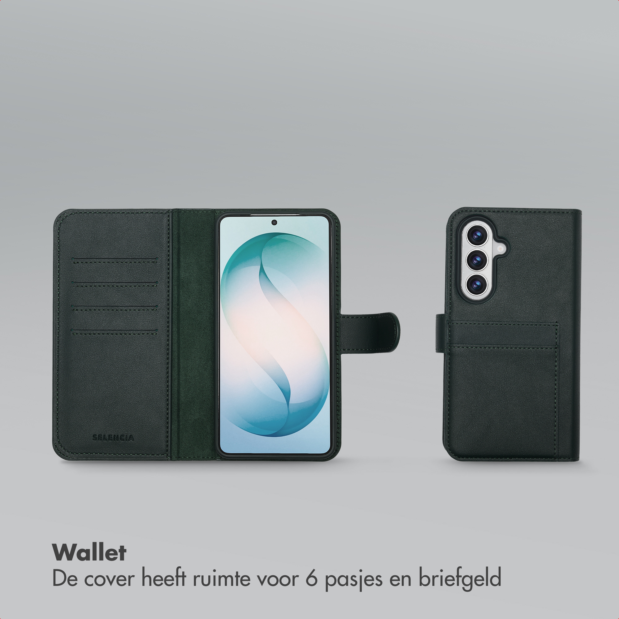 Étui de téléphone vert foncé style portefeuille avec fentes et téléphone.