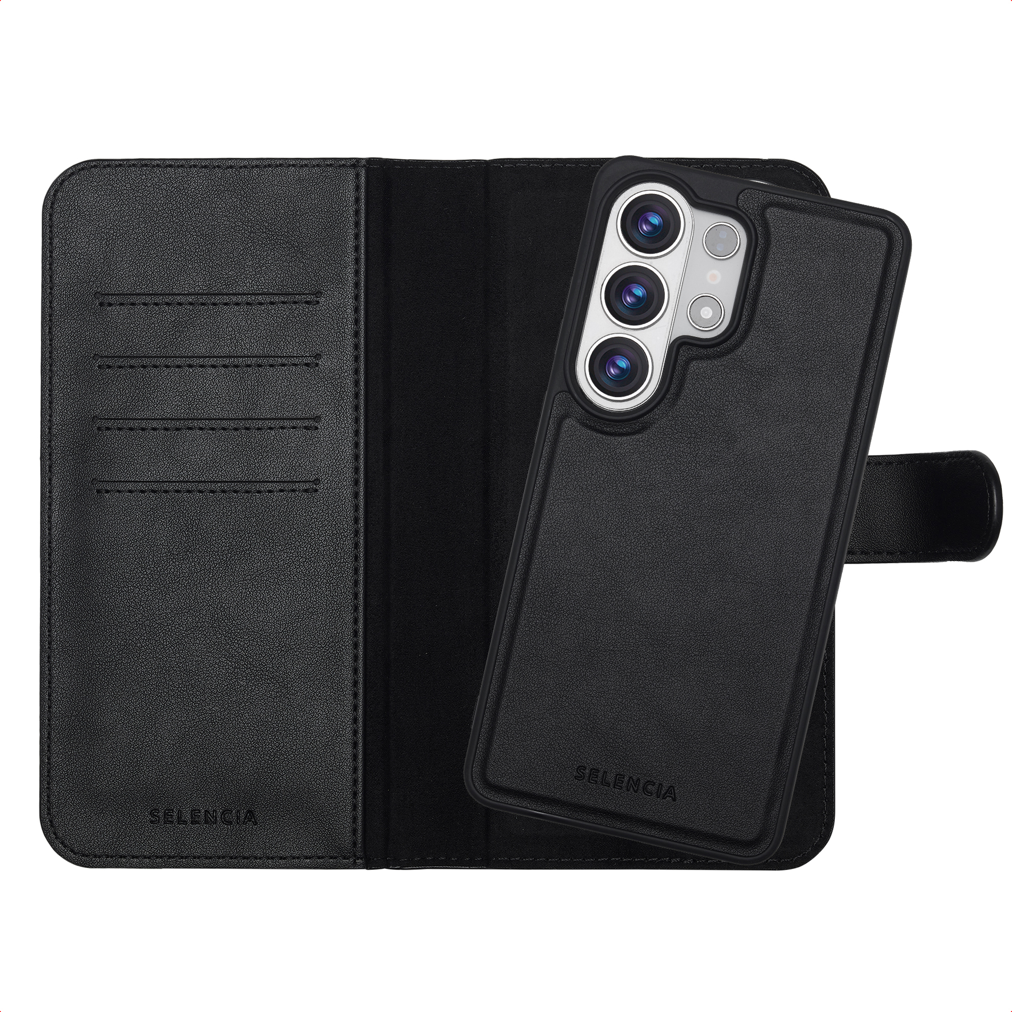 Zwarte leren flip hoes voor smartphone met drie cameralenzen.