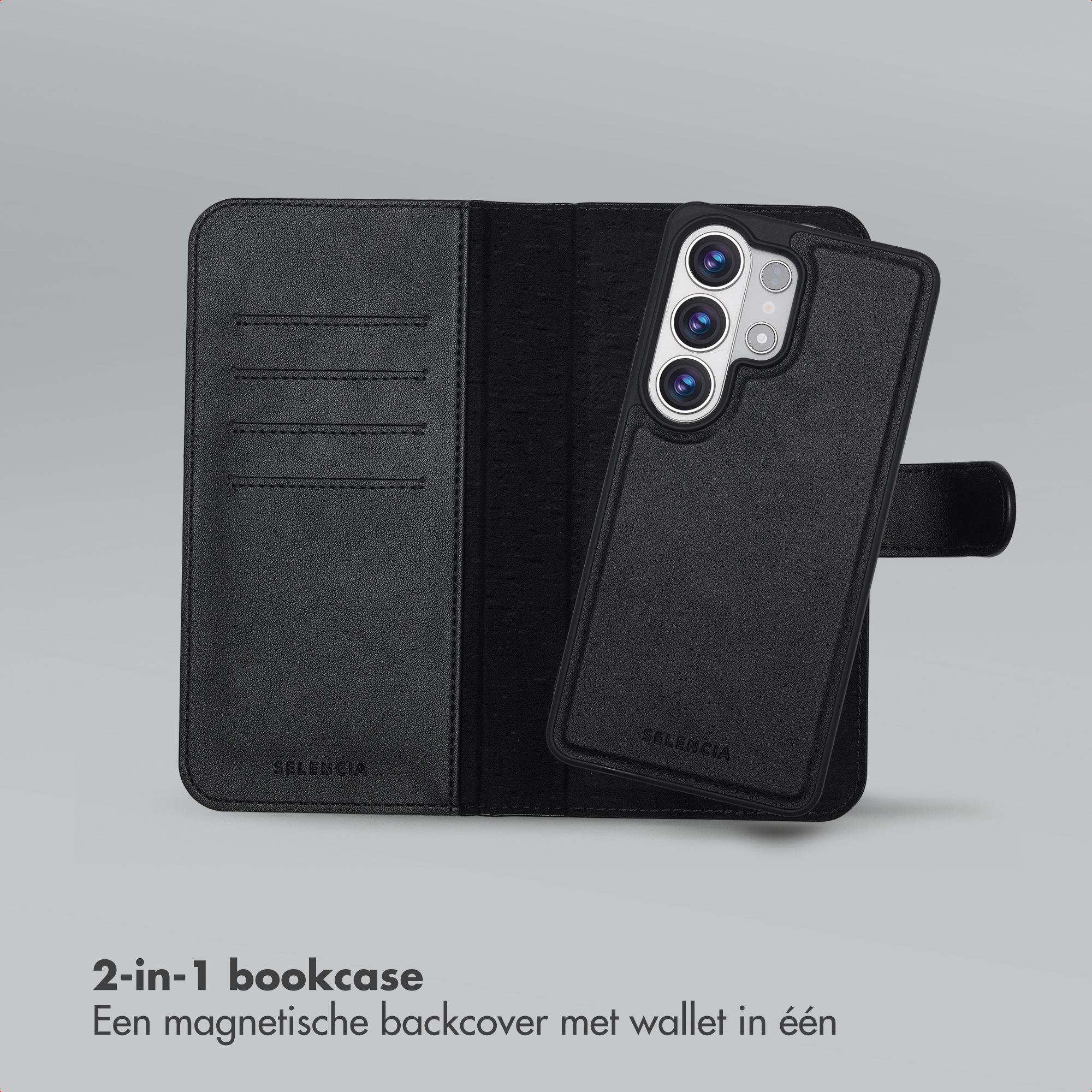 Zwart lederen book case met telefoon en kaartsleuven.