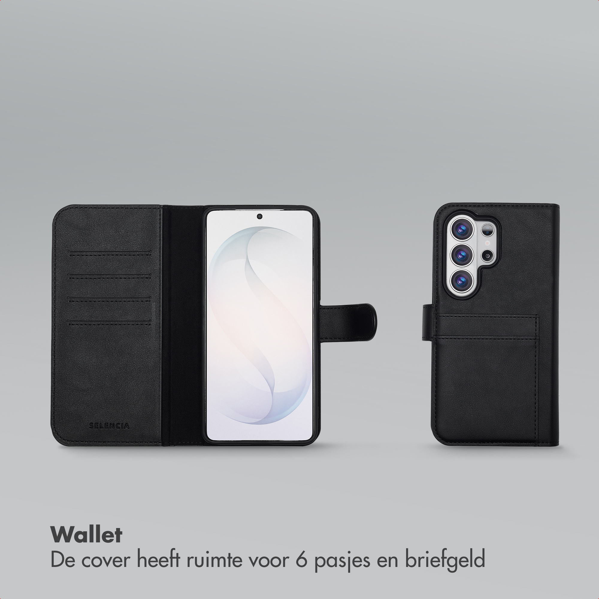 Zwarte portemonnee telefoonhoes met kaarthouders en smartphone.