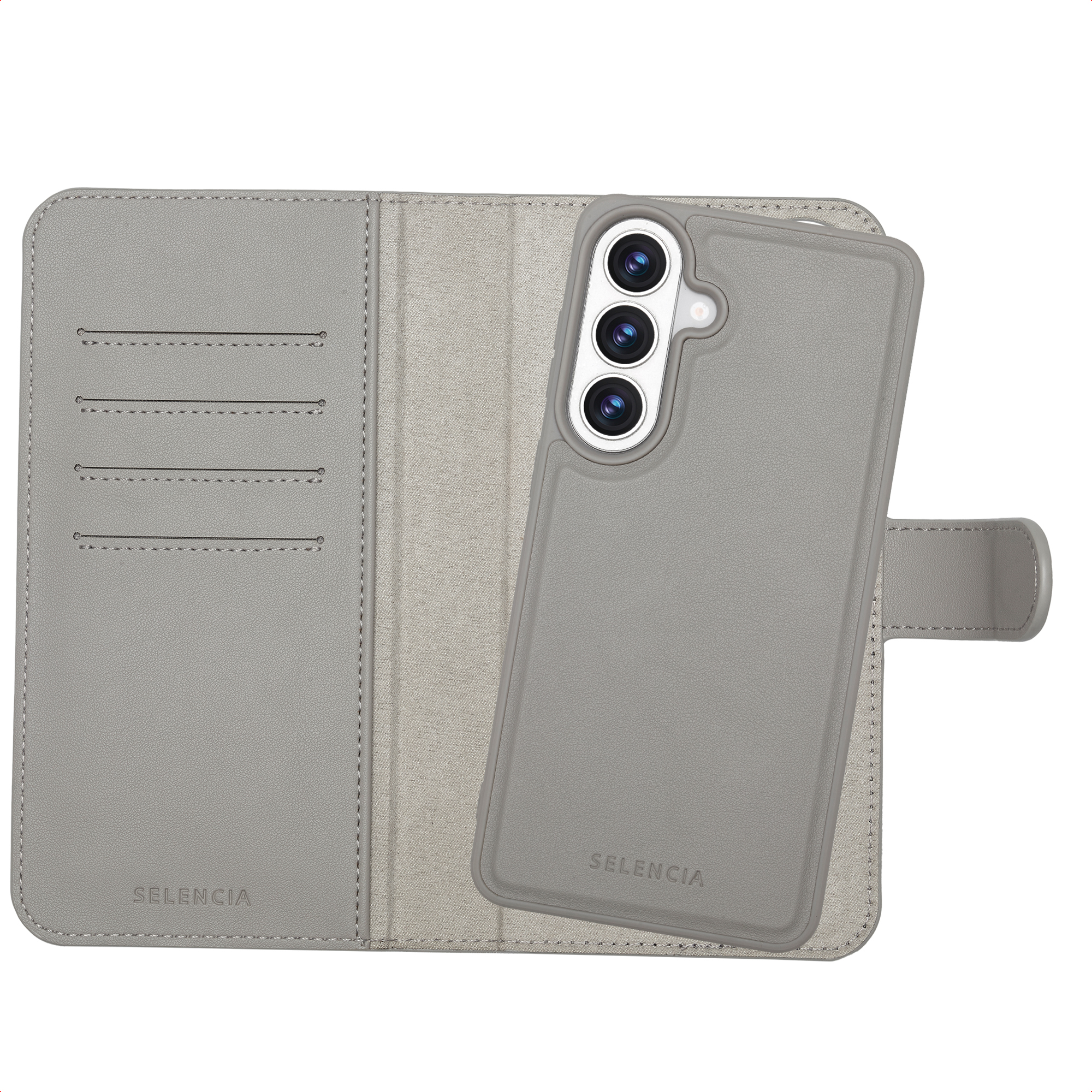 Étui à rabat en cuir gris pour smartphone avec trois caméras.
