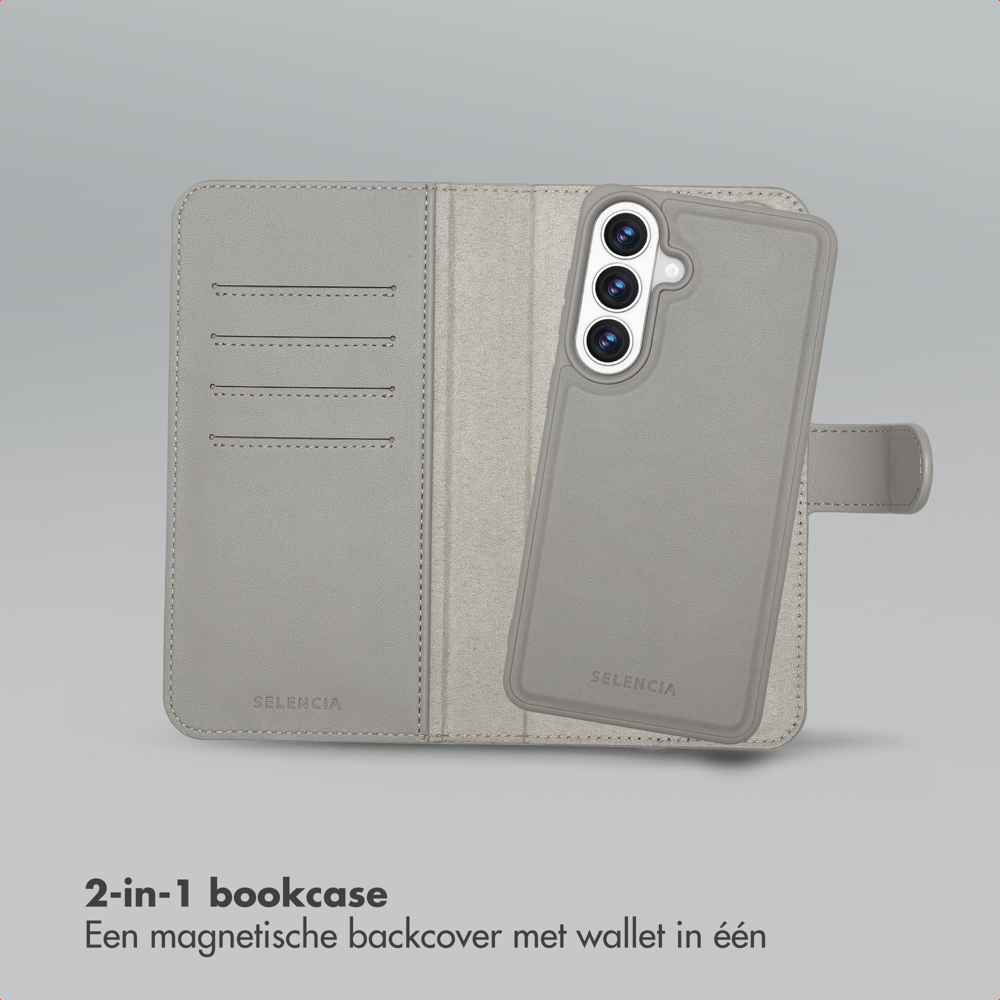 Étui de téléphone gris style portefeuille avec fentes pour cartes et fermeture magnétique.