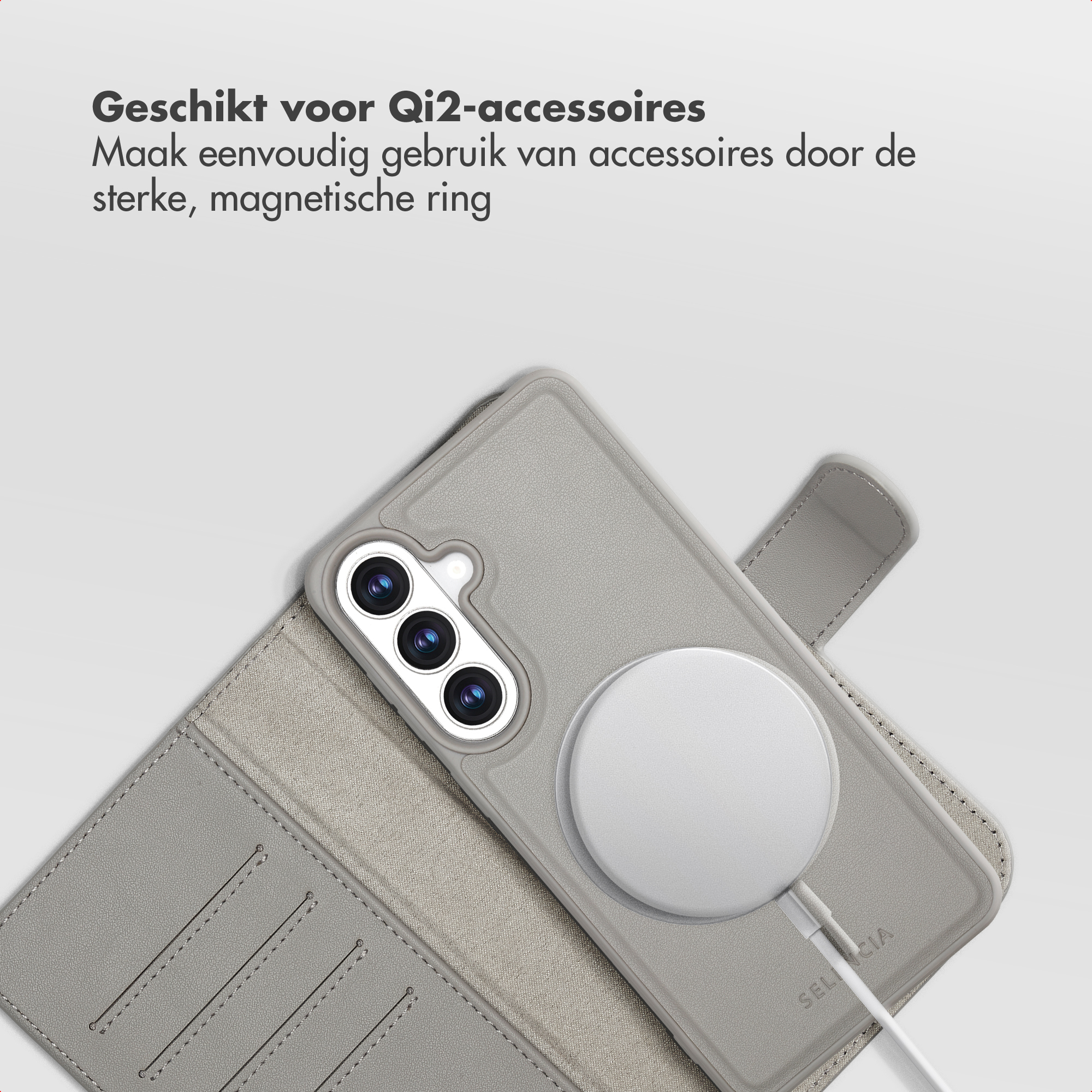Coque de téléphone grise avec chargeur magnétique et module caméra.