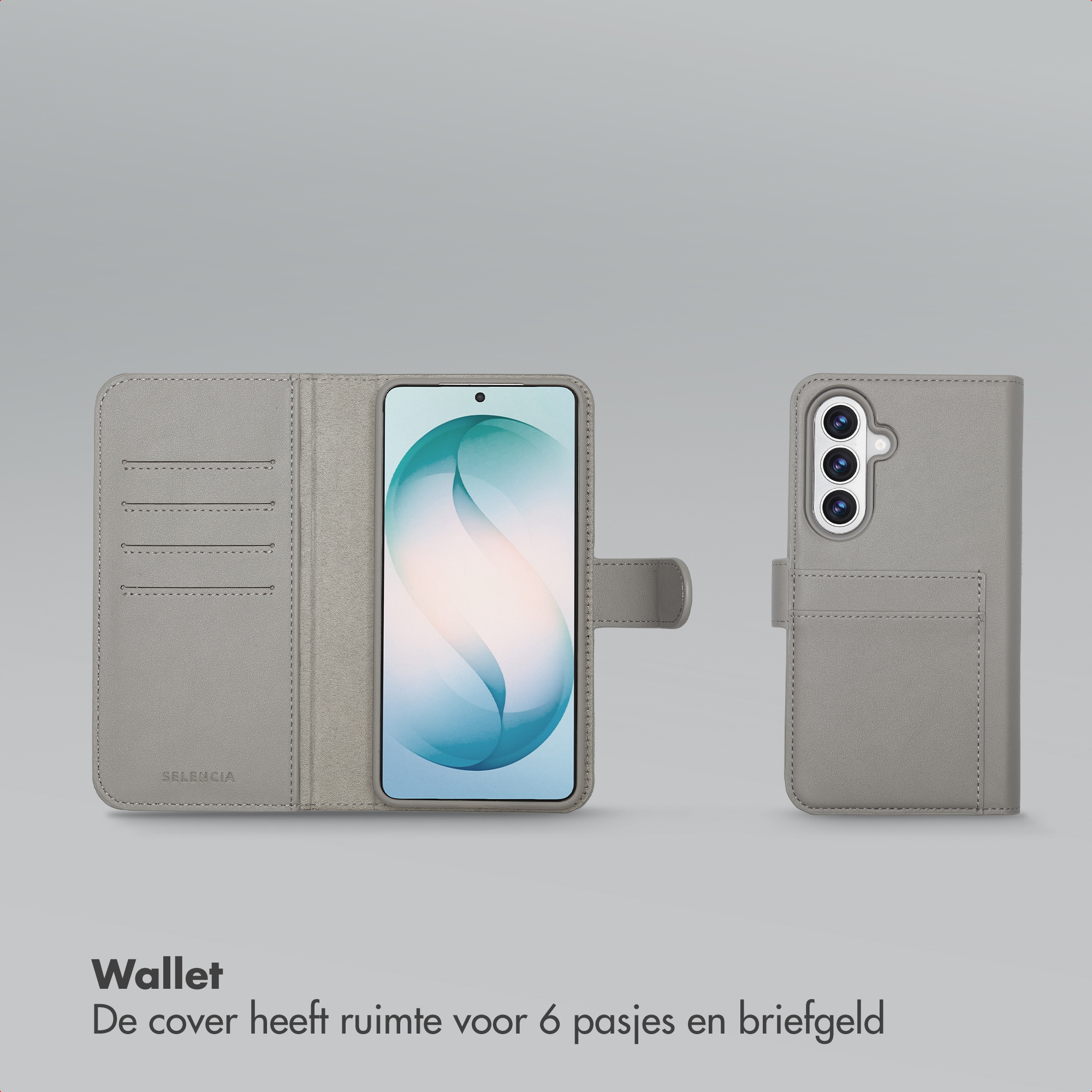 Étui portefeuille gris pour téléphone avec fentes pour cartes et smartphone.