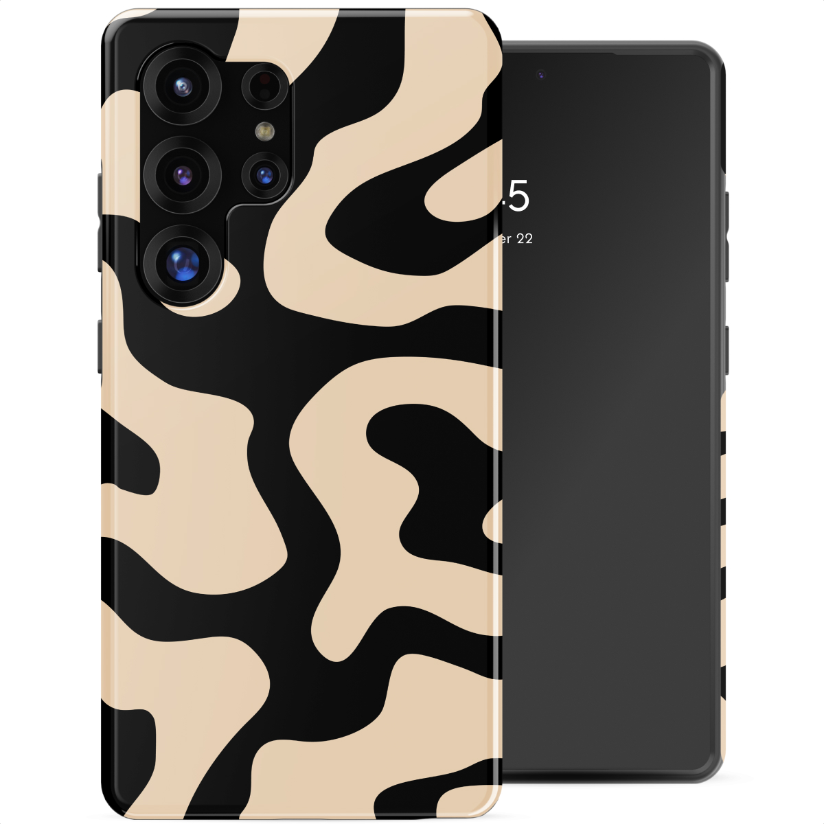 Een smartphone met een zwart en beige golvend lijnpatroon.