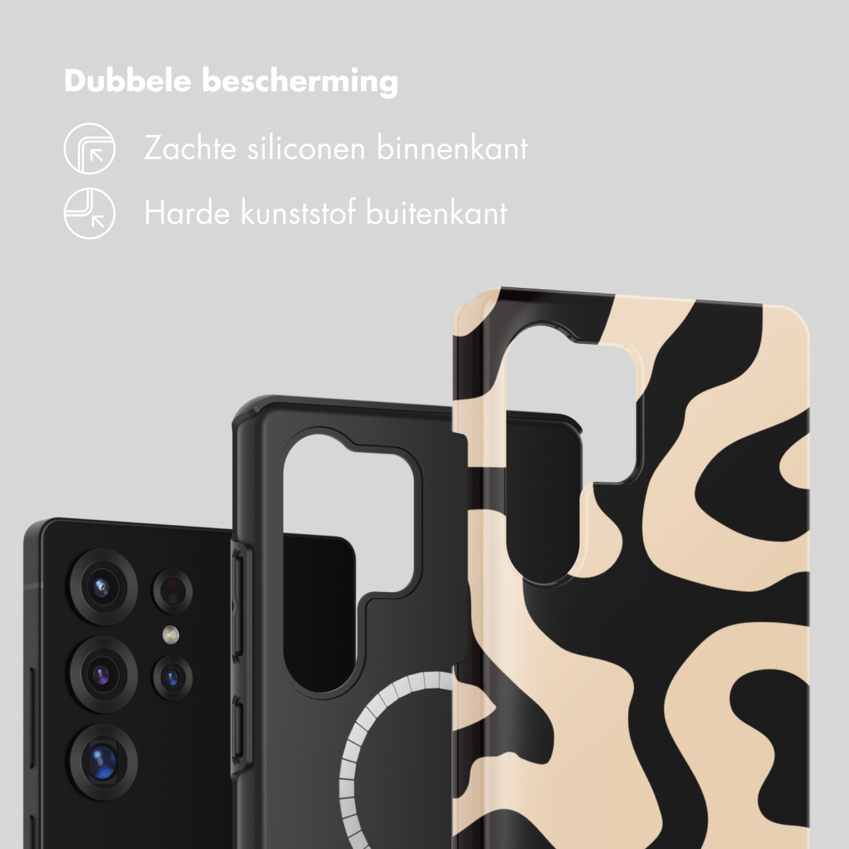 Drie telefoonhoesjes met verschillende ontwerpen en kleuren naast elkaar.