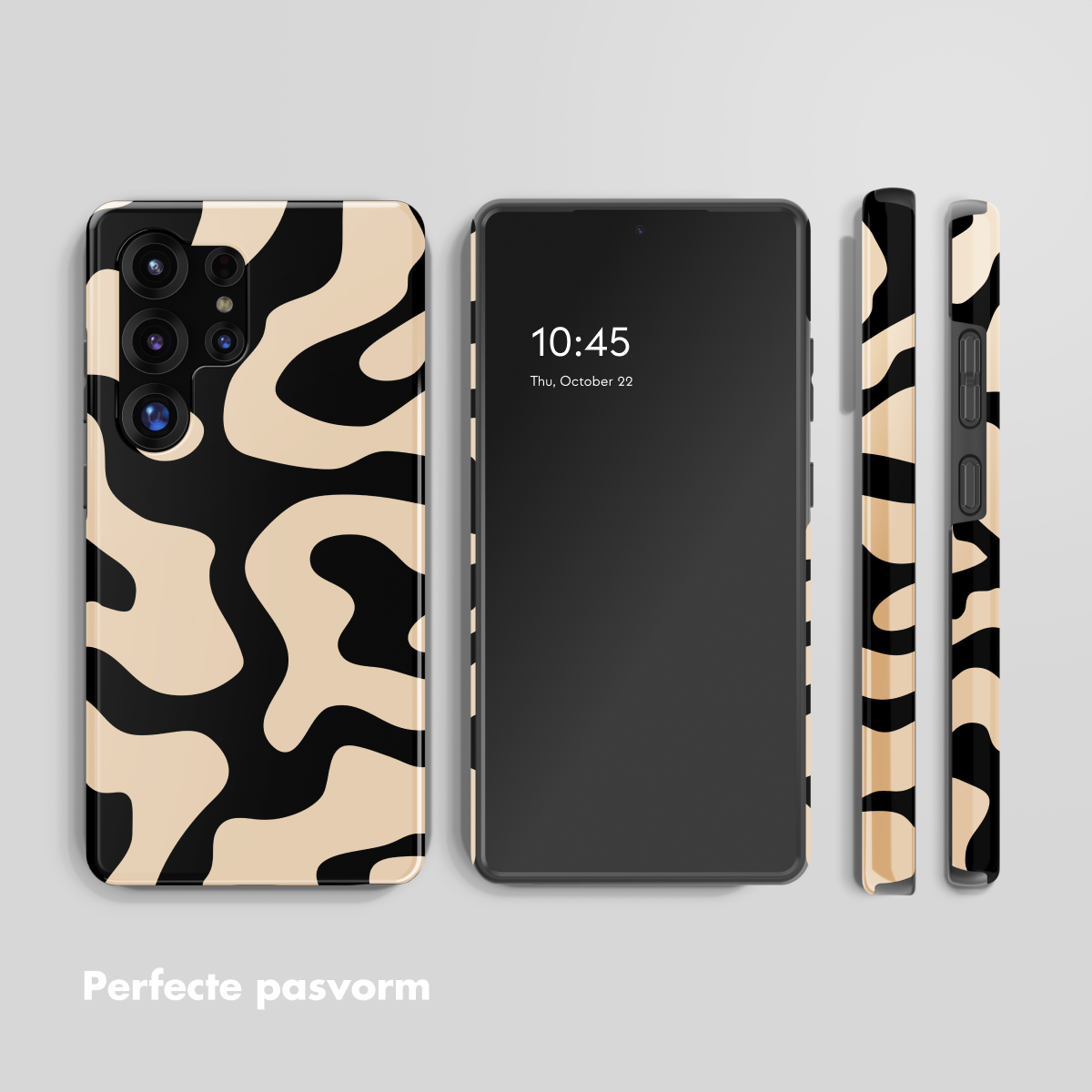 Een smartphone met een patroon van zwarte en beige curves.