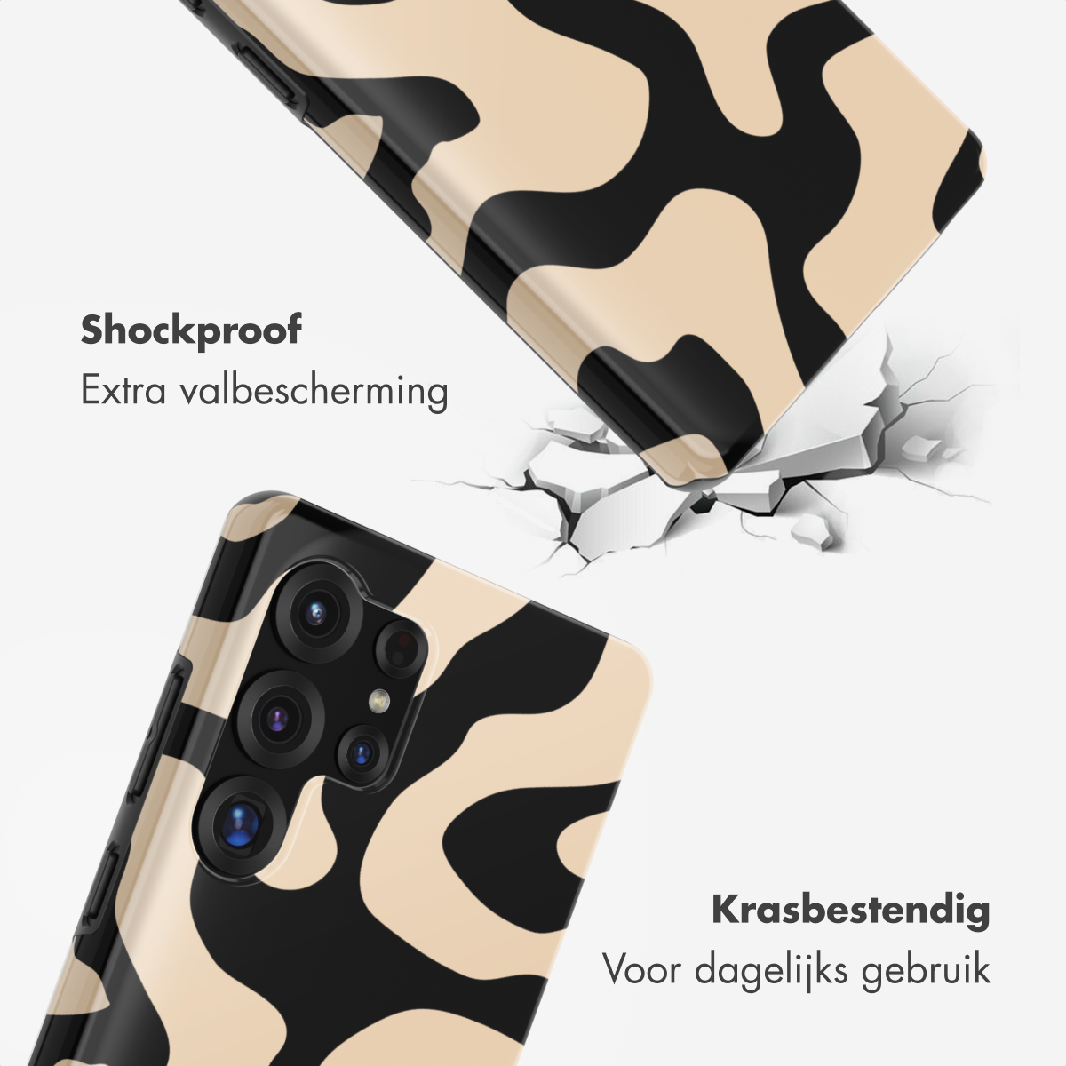 Telefoonhoes met beige en zwart patroon valt en breekt grond.