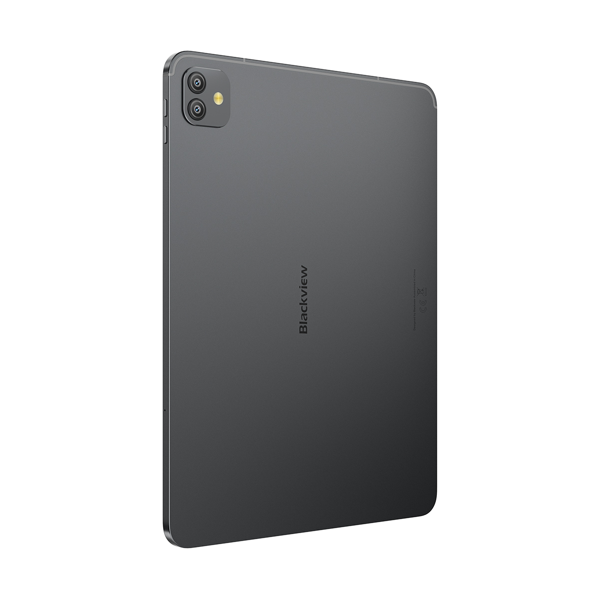 Tablet grigio con doppia fotocamera posteriore e logo Blackview.