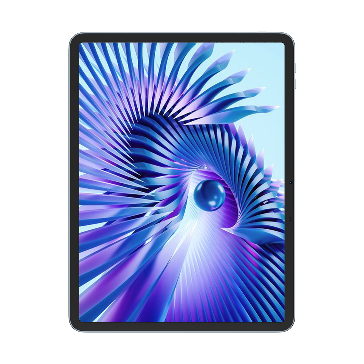 Una tableta muestra un fondo abstracto azul y púrpura con una esfera.