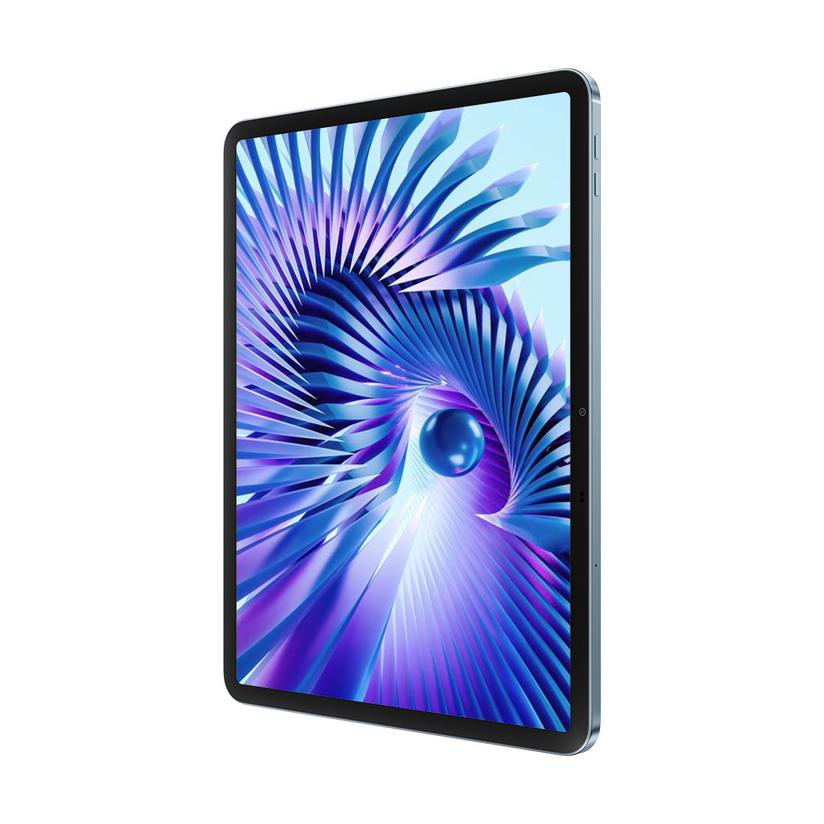 Un tablet con una grafica astratta blu e viola e una sfera.